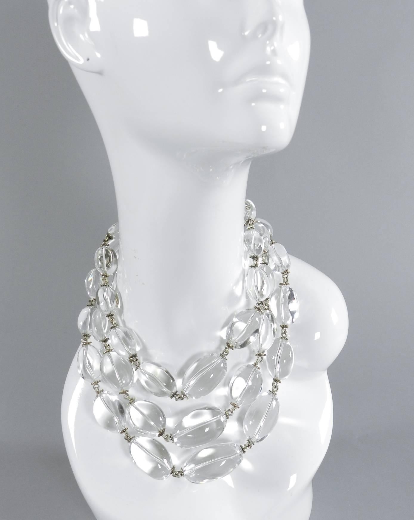 Large Chunky Rock Crystal Triple Strand Bead Necklace  In Excellent Condition In Toronto, ON