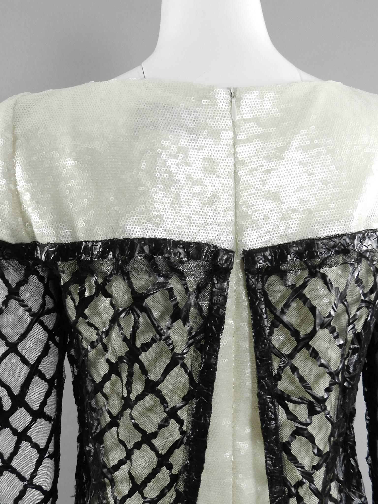 Chanel 09P White Sequin Runway Dress with Black Rubber Mesh Overlay In Excellent Condition In Toronto, ON