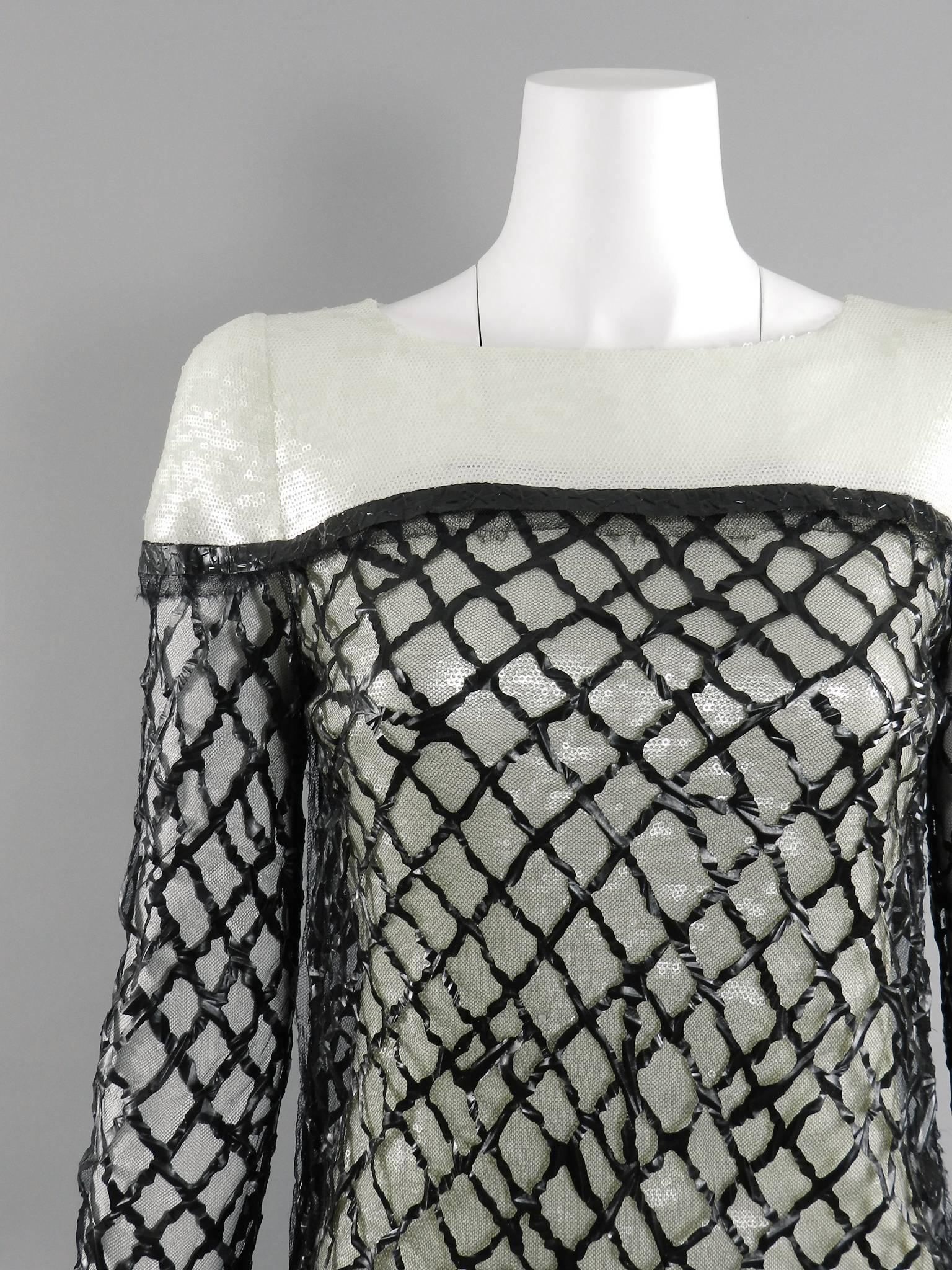 Women's Chanel 09P White Sequin Runway Dress with Black Rubber Mesh Overlay