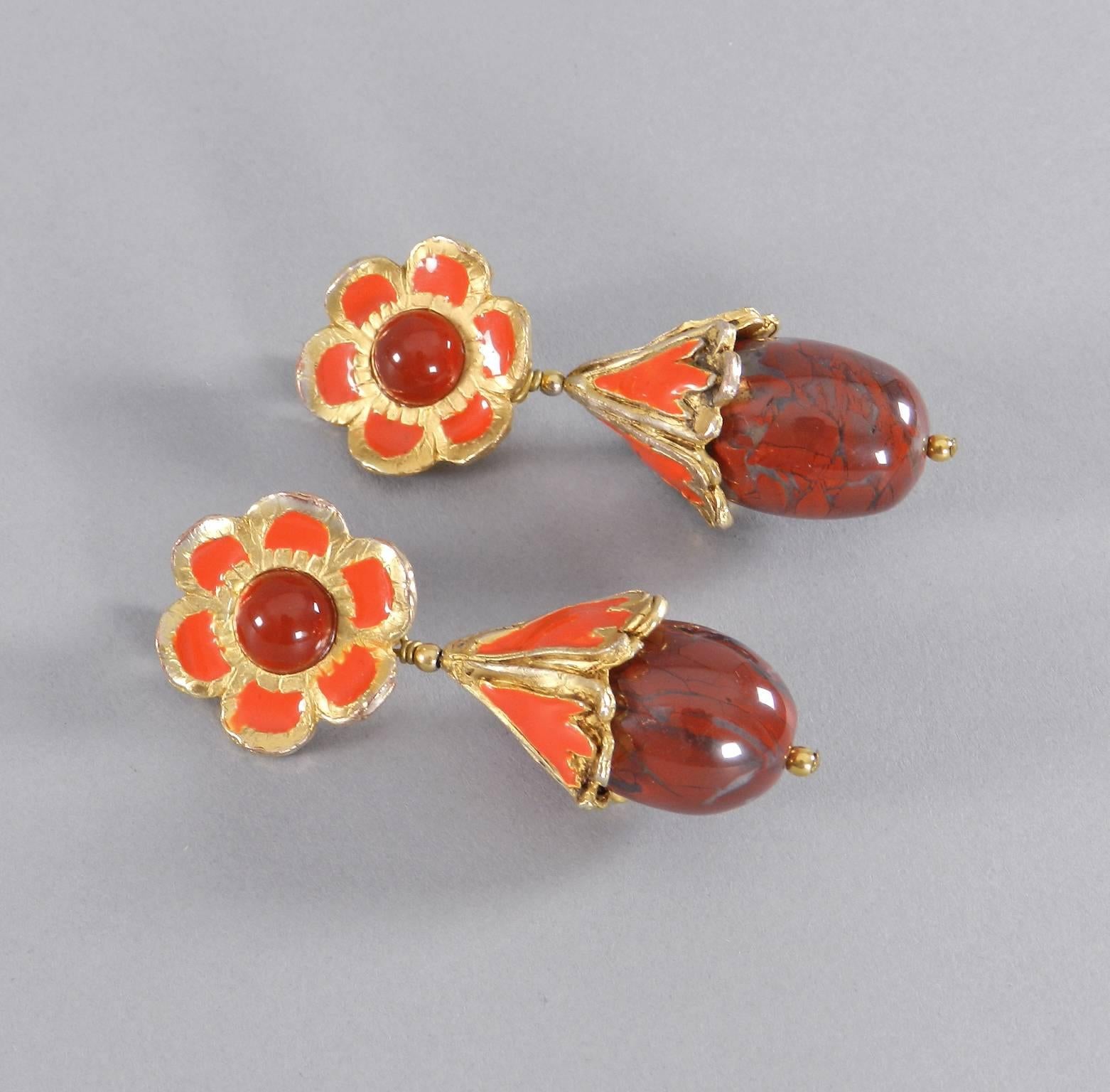 Vintage 1980's Yves Saint Laurent YSL rive gauche drop earrings. Polished agate drops with carnelian colored glass inserts and orange enamel. Clip back design.  Measures about 2.75