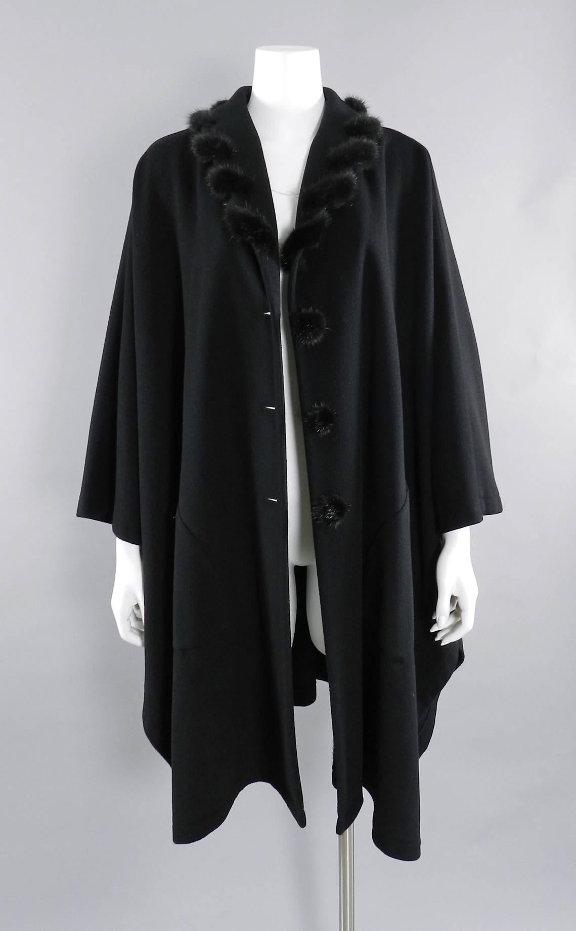 Givenchy Vintage Black Wool Cape with Mink Trim In Excellent Condition In Toronto, ON