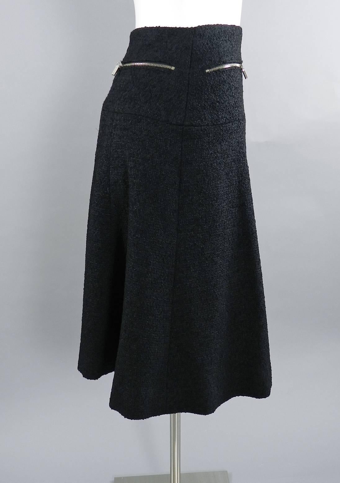 Chanel 13A Black wool Runway Skirt with Silver Zipper Detail 4