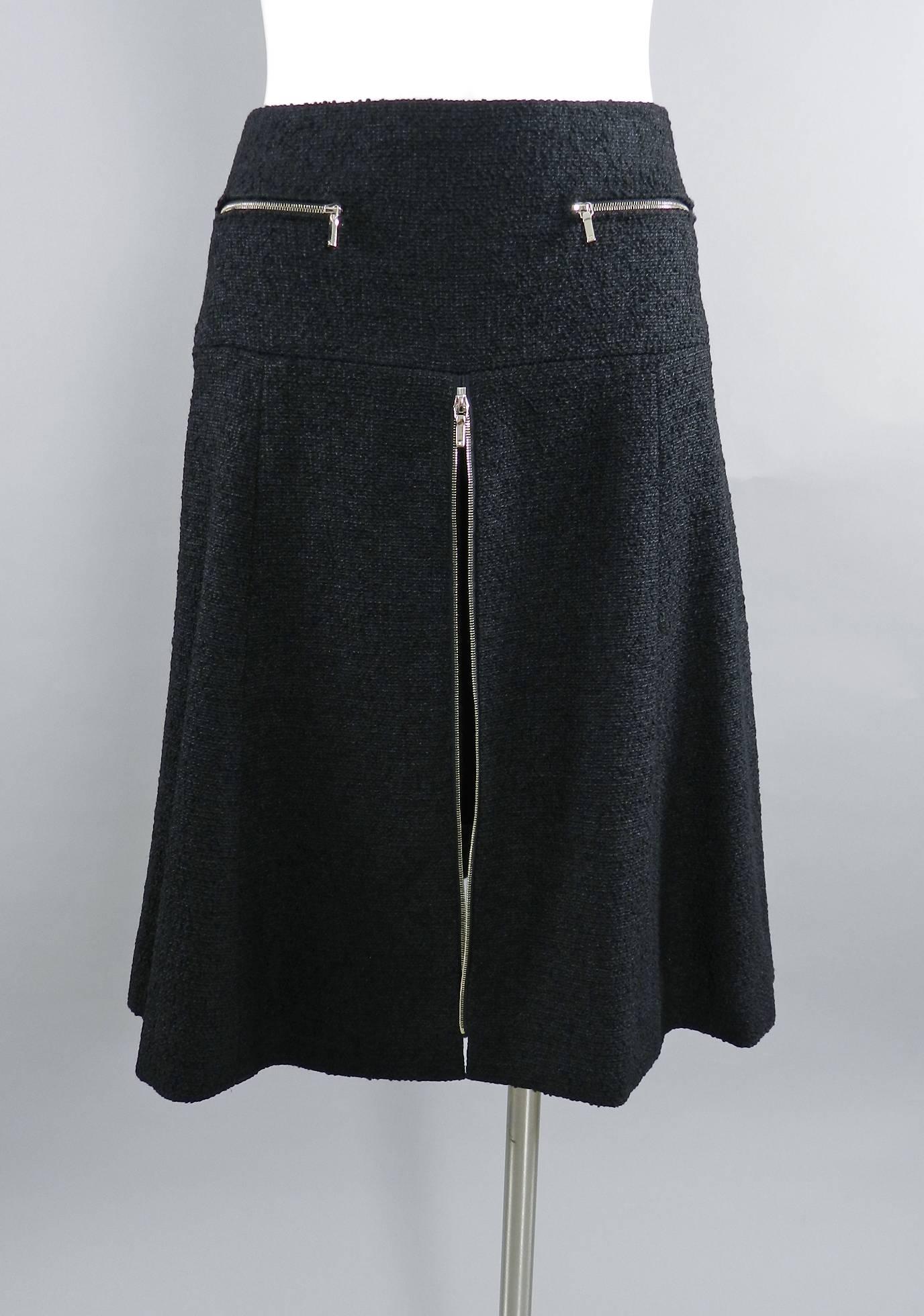Chanel 13A Black wool Runway Skirt with Silver Zipper Detail 6