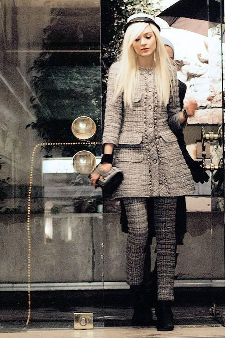 Chanel 13B grey tweed dress coat and pants suit. Original retail price tag was $8150 for the jacket and $3350 for the pants. Excellent clean condition - worn once if at all. Tagged size FR 38 (USA 6). Jacket measures 36