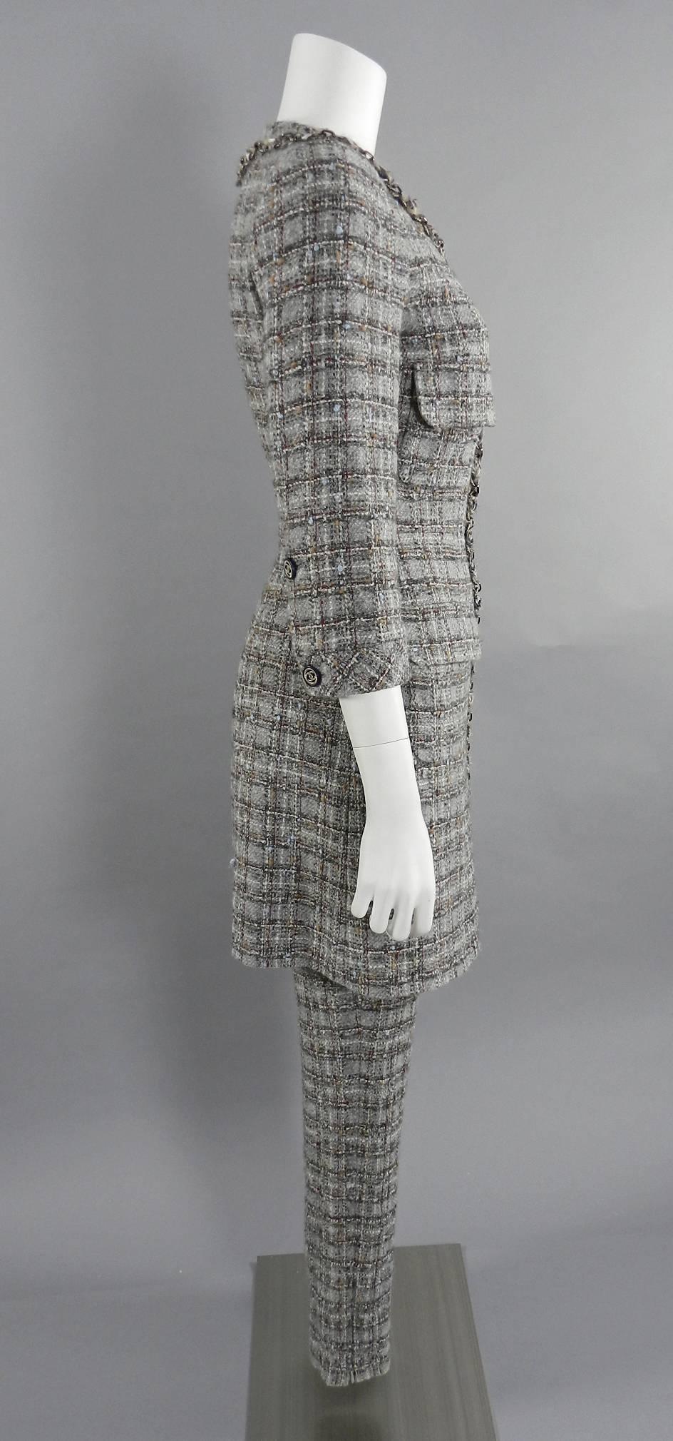 Chanel 13B Grey Tweed Dress Coat and Pants Suit 2