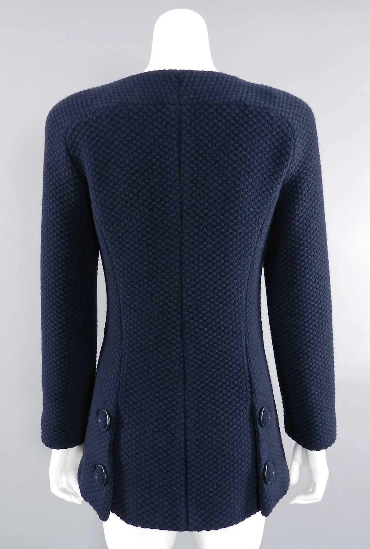 Chanel 15B Navy Textured Wool Jacket with Buttons In Excellent Condition In Toronto, ON