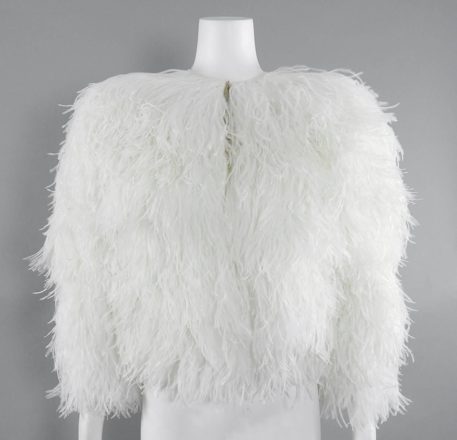 Women's Balmain White Ostrich Feather Evening Jacket / Top