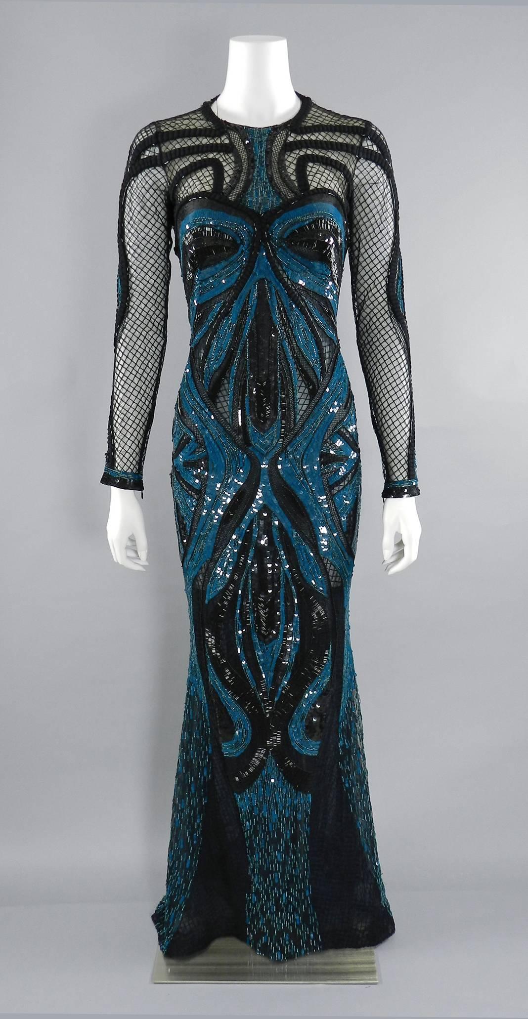 Zuhair Murad Teal Blue Sequin and Mesh Evening Gown.  Original retail price tag of $13,300+ is included. From FW 2015 collection.  Size USA 6 - Made in Italy.  Best for regular or tall - will be too long for petite. Garment has invisible zipper down