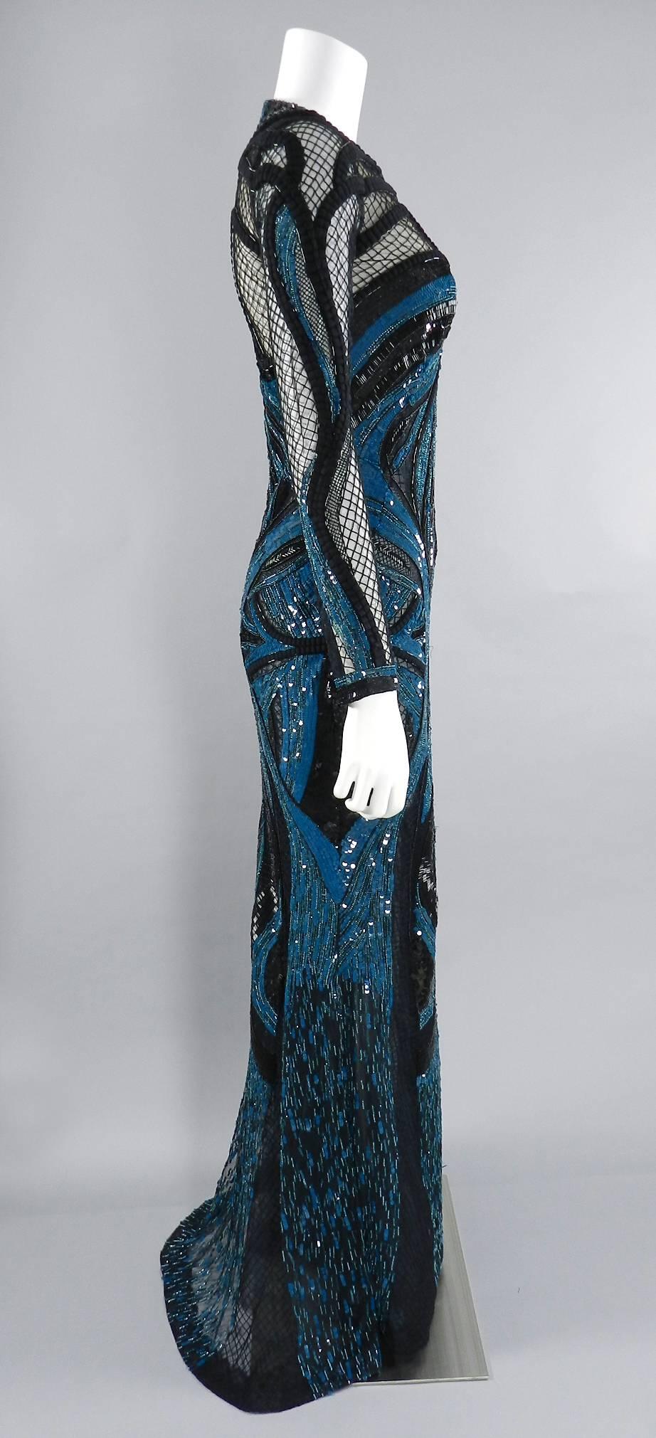 Zuhair Murad Teal Blue Sequin and Mesh Evening Gown In Excellent Condition In Toronto, ON