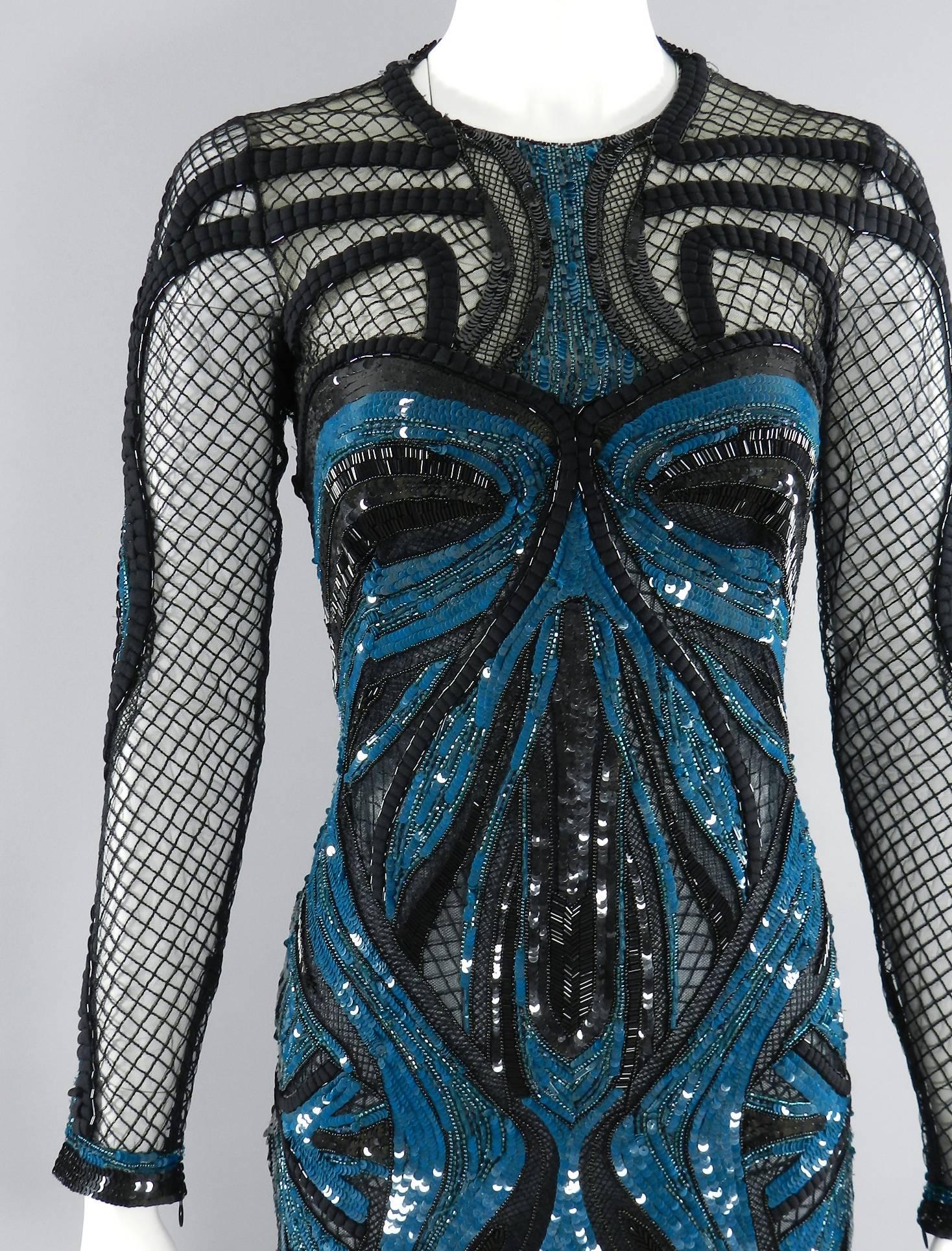 Women's Zuhair Murad Teal Blue Sequin and Mesh Evening Gown