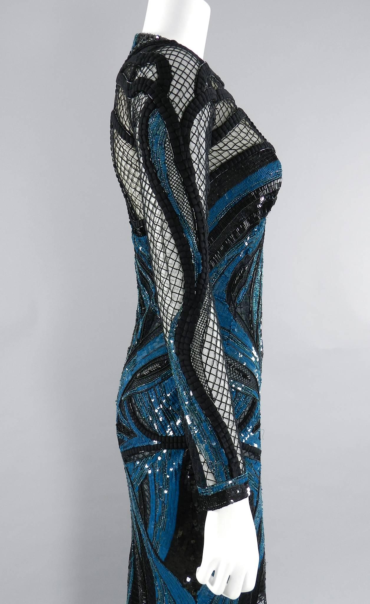 Zuhair Murad Teal Blue Sequin and Mesh Evening Gown 2