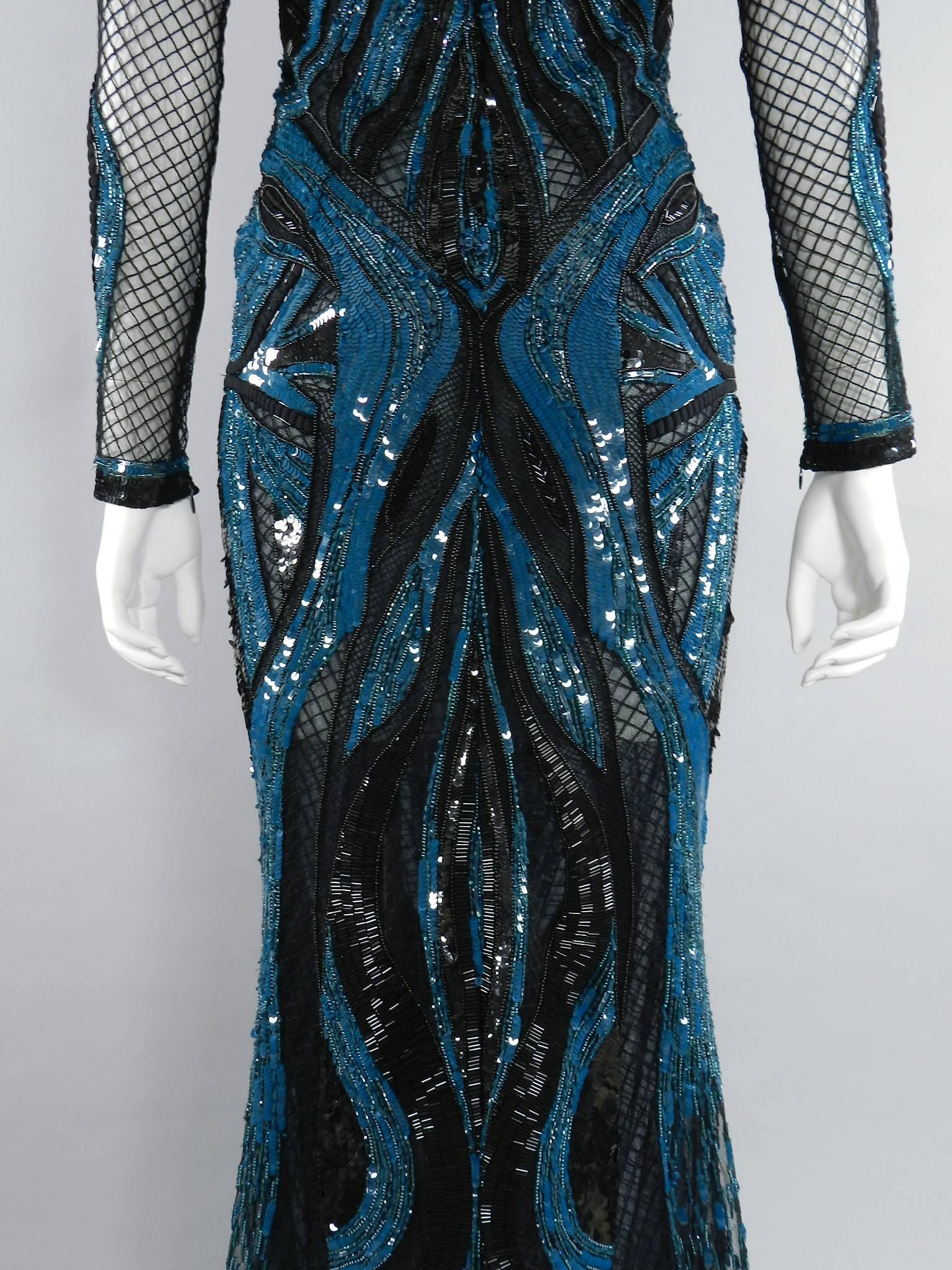 Zuhair Murad Teal Blue Sequin and Mesh Evening Gown 3