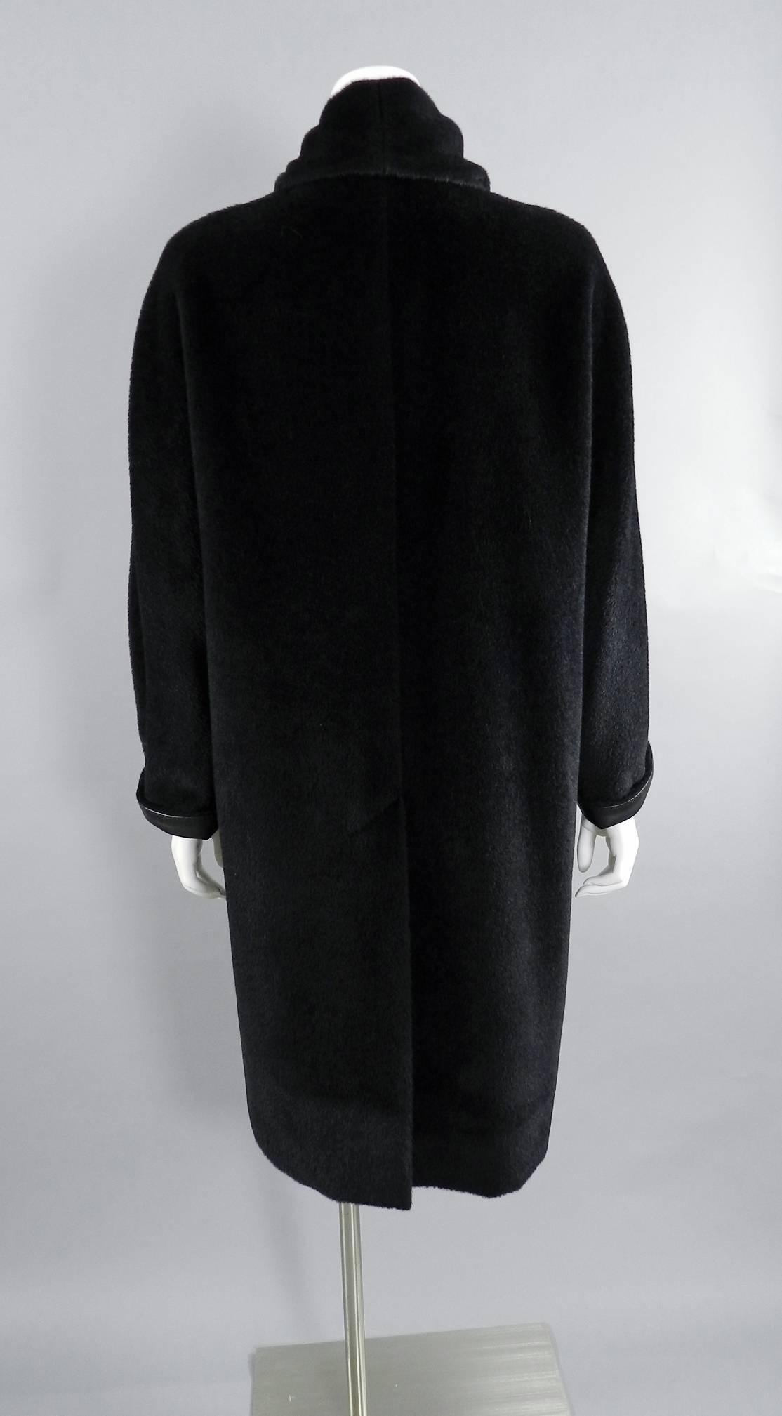 Women's Hermes Black Alpaca and Leather Trim Coat