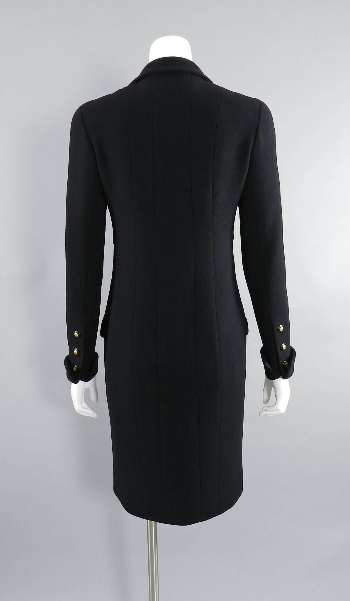 Chanel 1993 Fall Vintage Black Wool Jacket / Dress / Coat with CC buttons In Excellent Condition In Toronto, ON