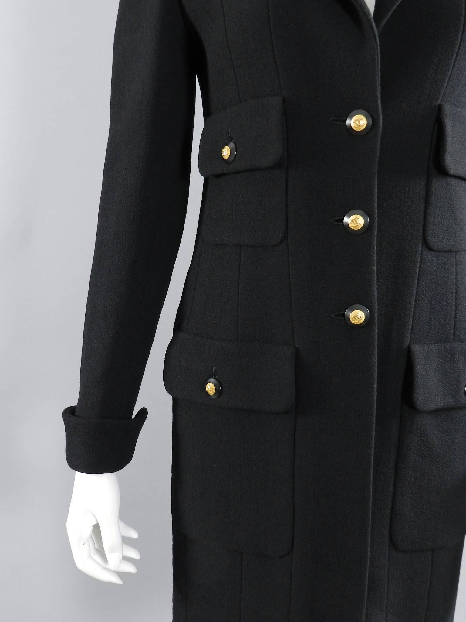 Women's Chanel 1993 Fall Vintage Black Wool Jacket / Dress / Coat with CC buttons