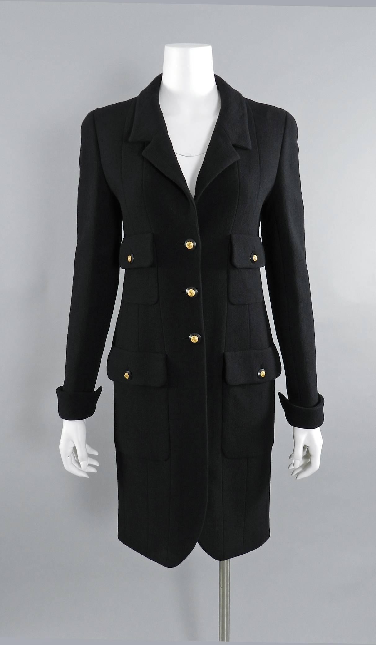 Chanel 1993 Fall Vintage Black Wool Jacket / Dress / Coat with CC buttons 3