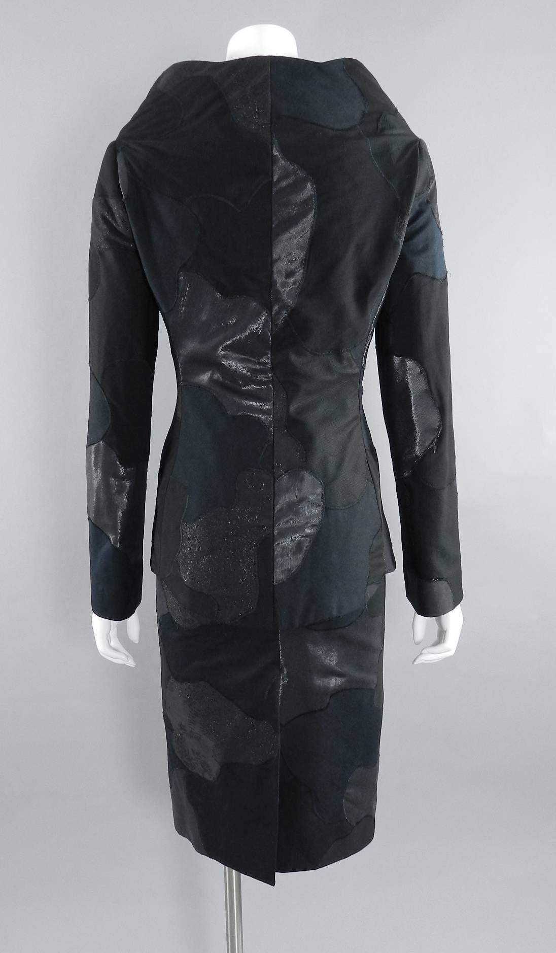 Alexander McQueen 2004 Black Patchwork Skirt Suit - Stand up Collar In Excellent Condition In Toronto, ON