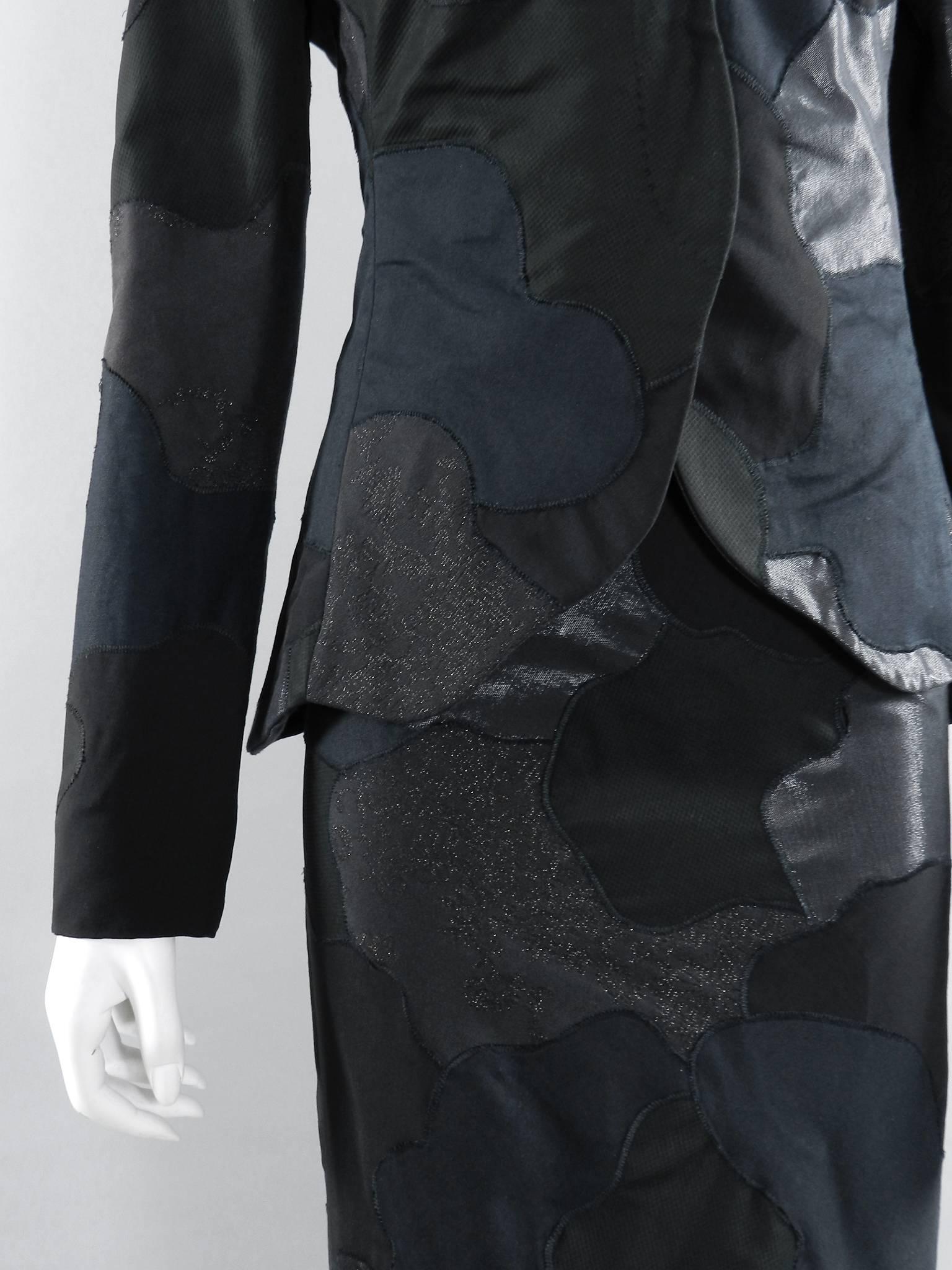 Women's Alexander McQueen 2004 Black Patchwork Skirt Suit - Stand up Collar