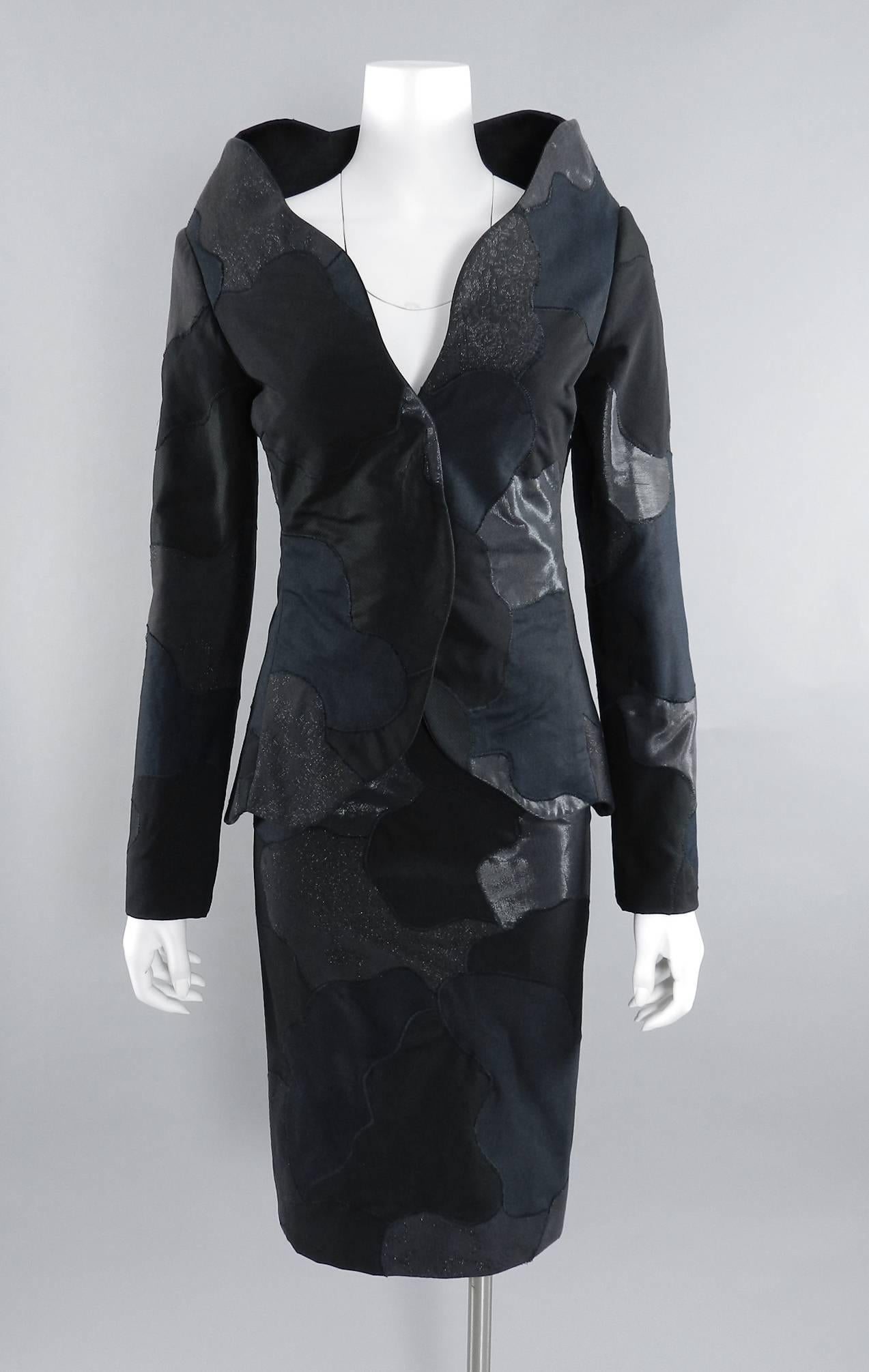 Alexander McQueen 2004 Black Patchwork Skirt Suit - Stand up Collar 4