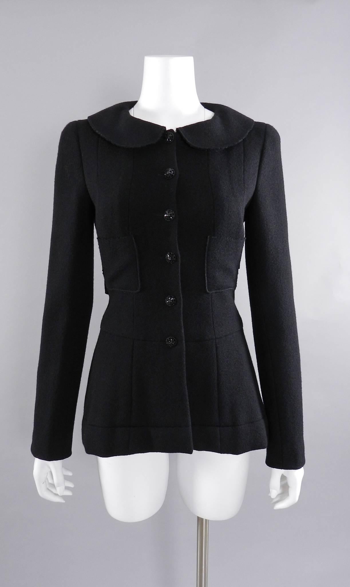 Women's Chanel 08A Black Wool Jacket with White Silk Collar, Cuffs, Bustle 