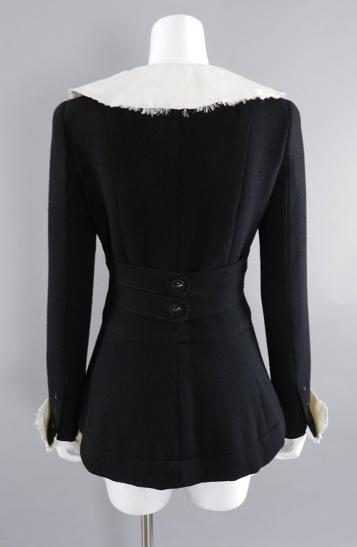 Chanel 08A Black Wool Jacket with White Silk Collar, Cuffs, Bustle  2