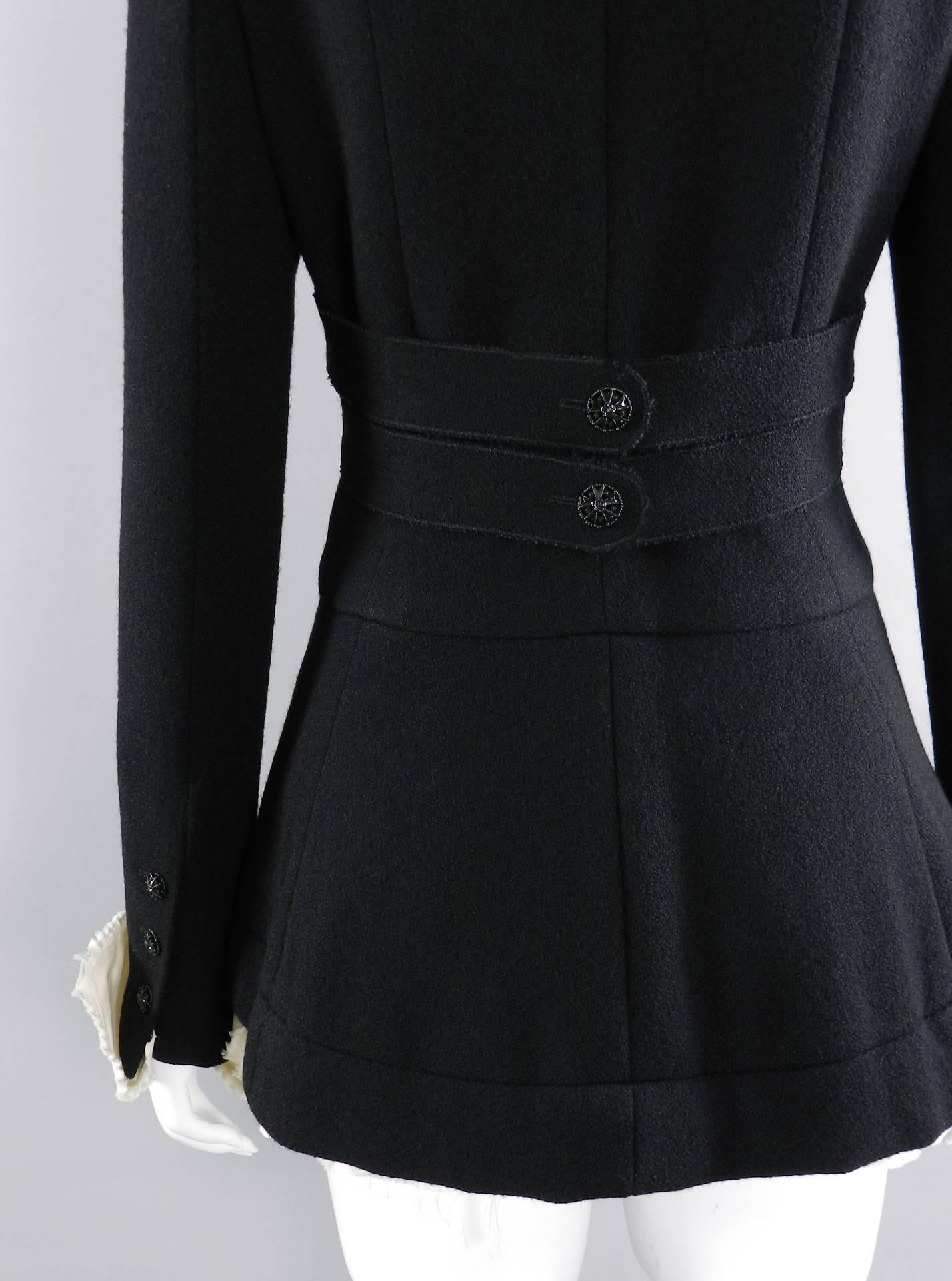 Chanel 08A Black Wool Jacket with White Silk Collar, Cuffs, Bustle  3
