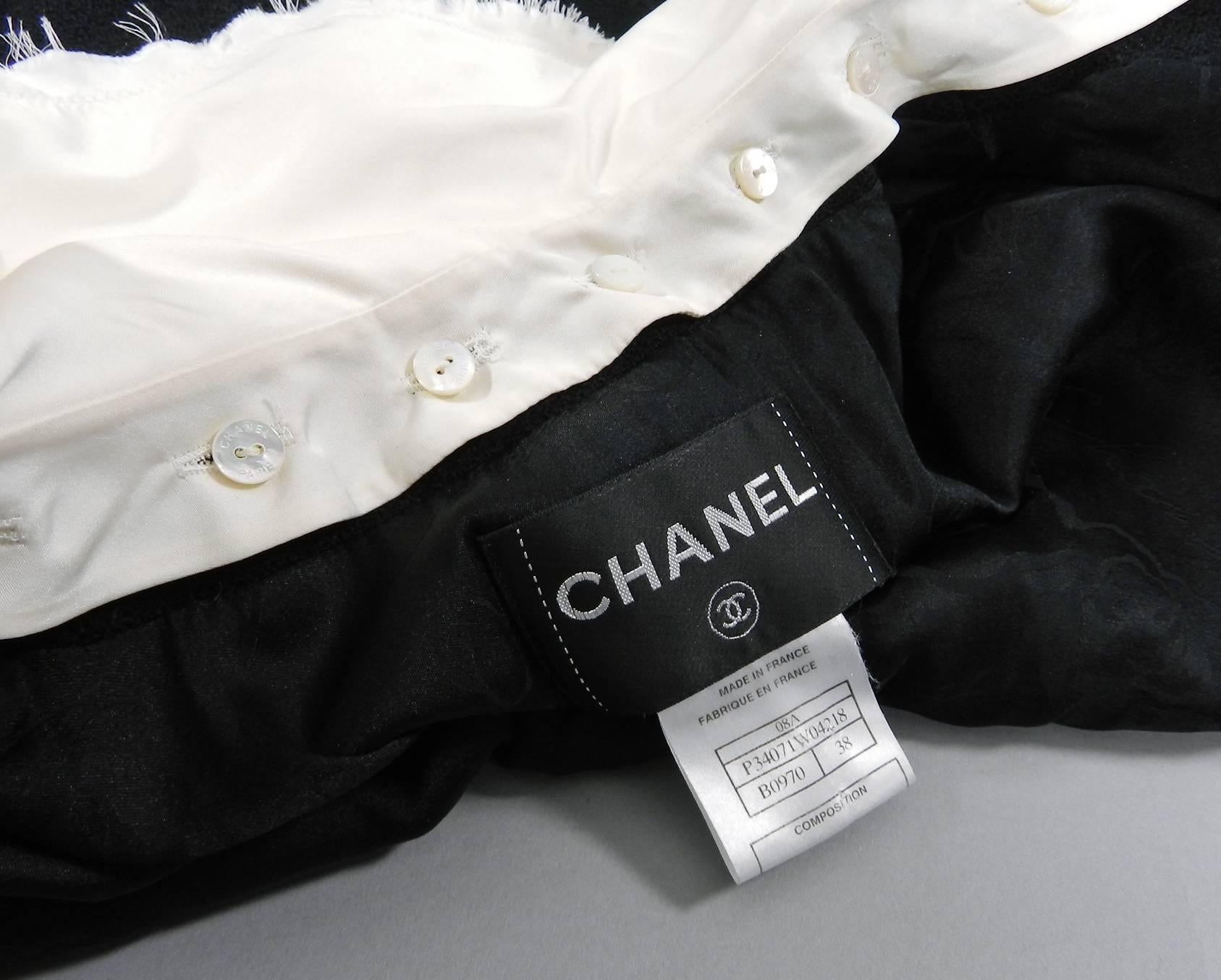 Chanel 08A Black Wool Jacket with White Silk Collar, Cuffs, Bustle  5