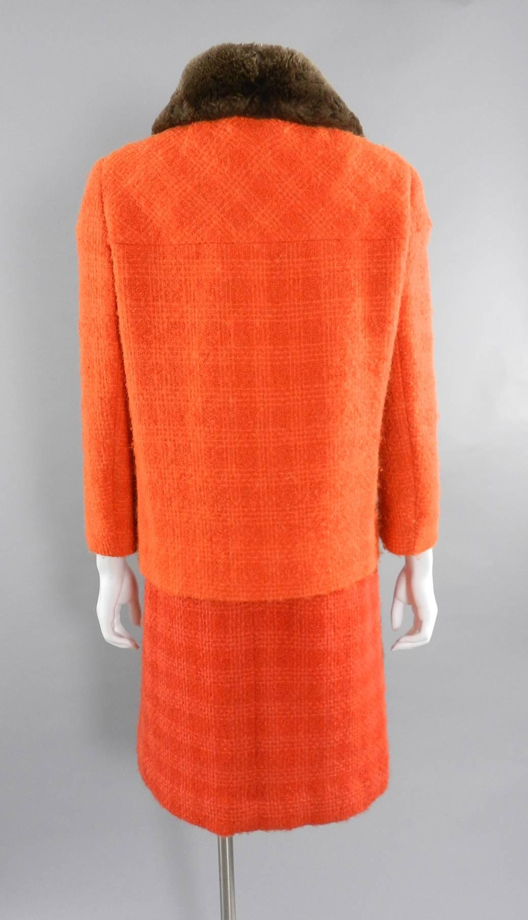 Norman Hartnell Vintage Orange Wool Dress and Jacket Suit, early 1960s  1