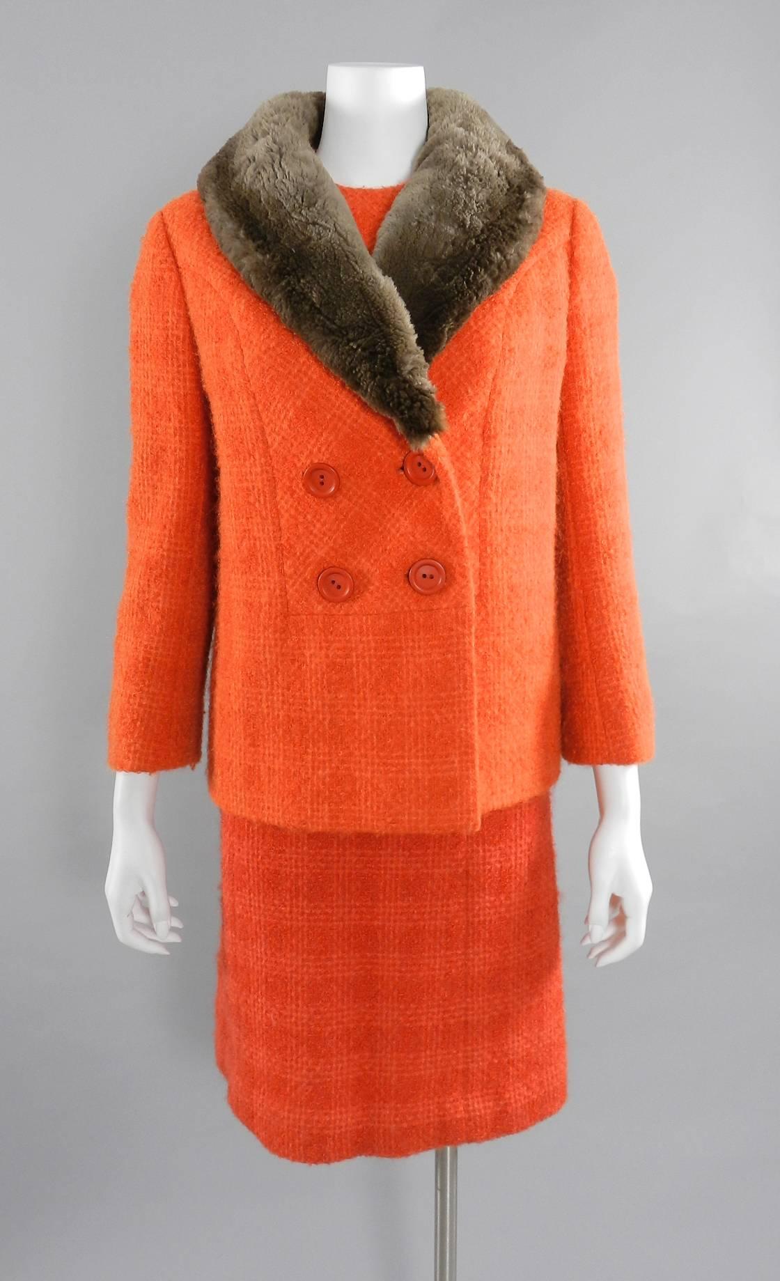 Norman Hartnell Vintage Orange Wool Dress and Jacket Suit, early 1960s  4