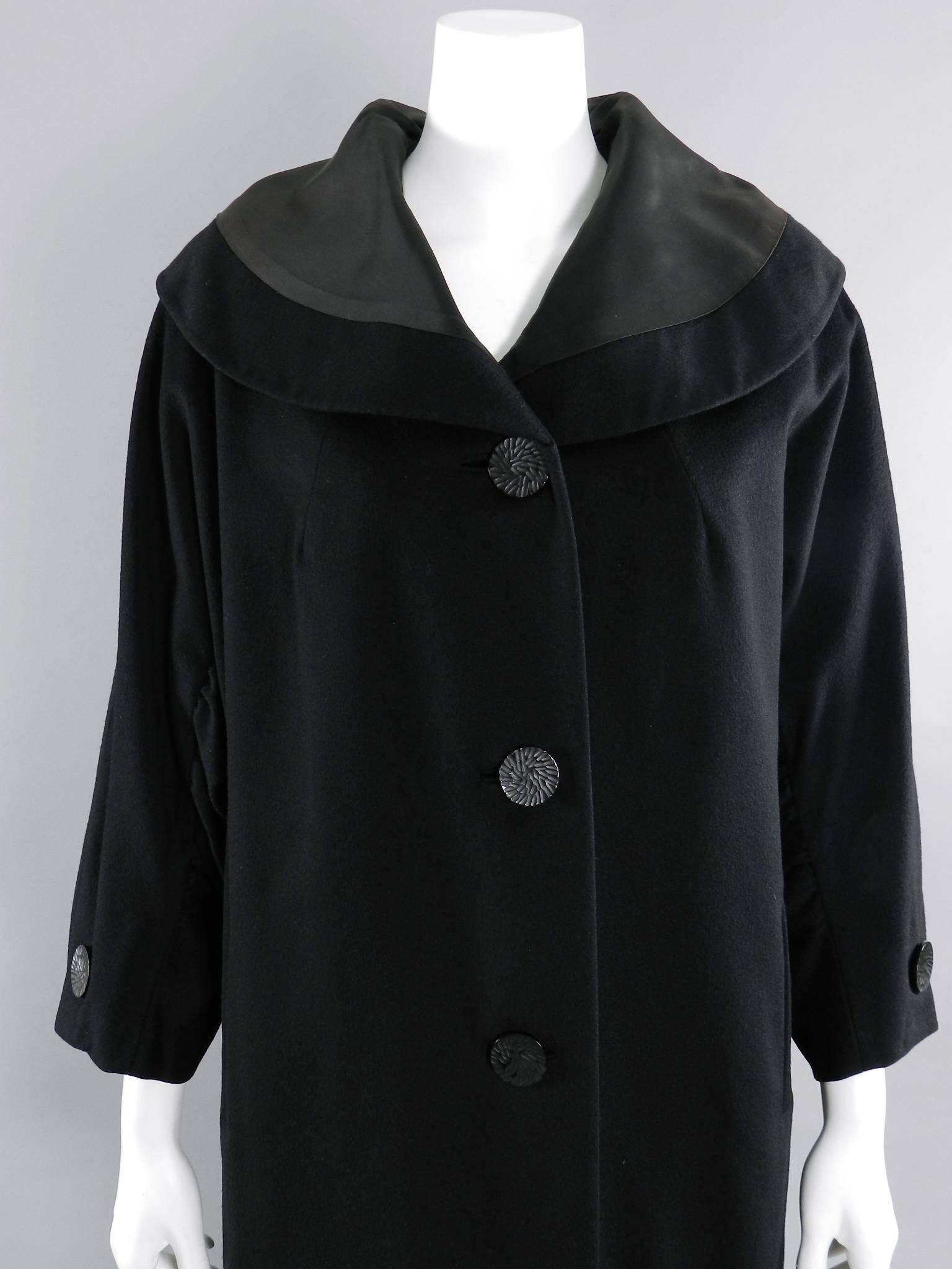 Women's Vintage 1950's Norman Hartnell Black Wool Coat