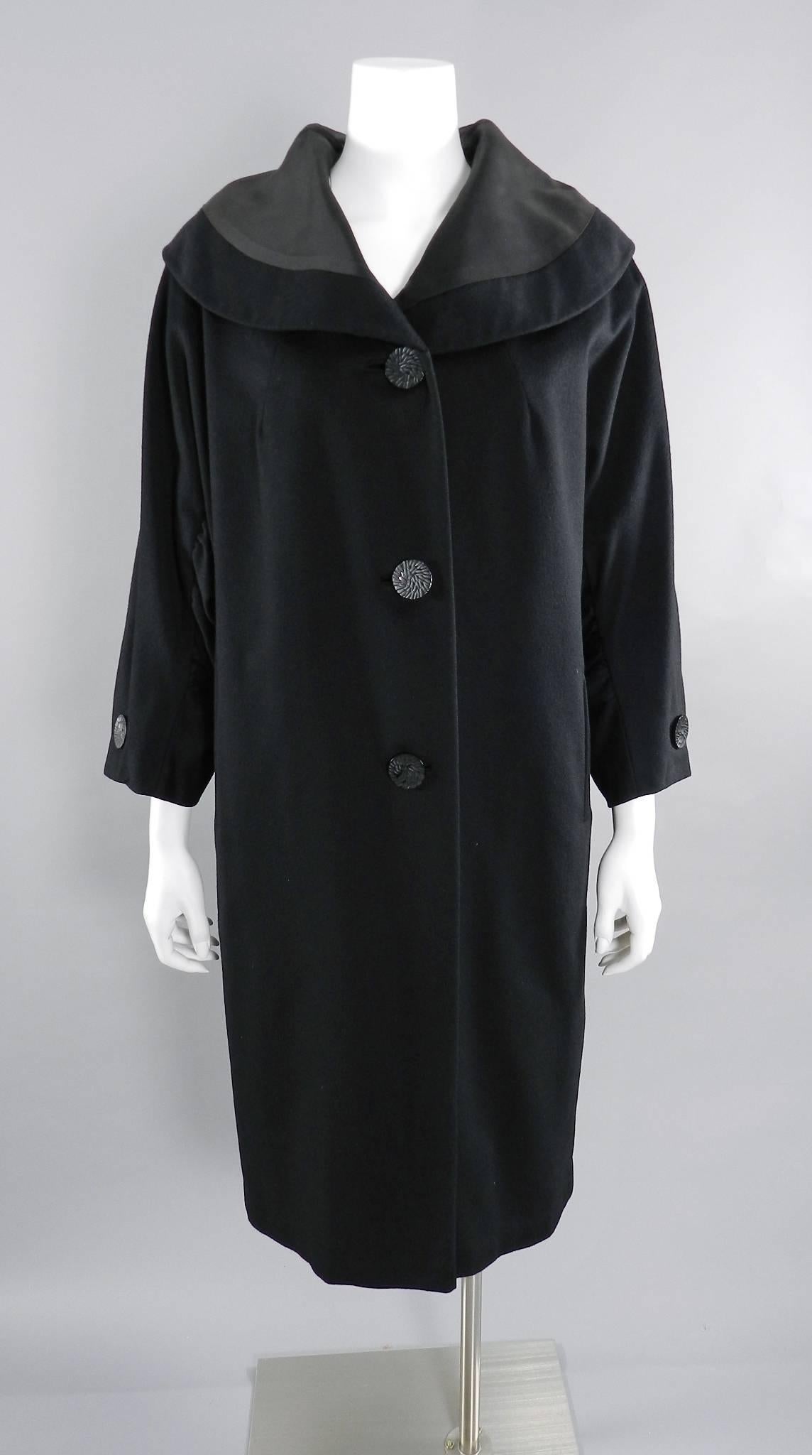 Vintage 1950's Norman Hartnell Black Wool Coat 5