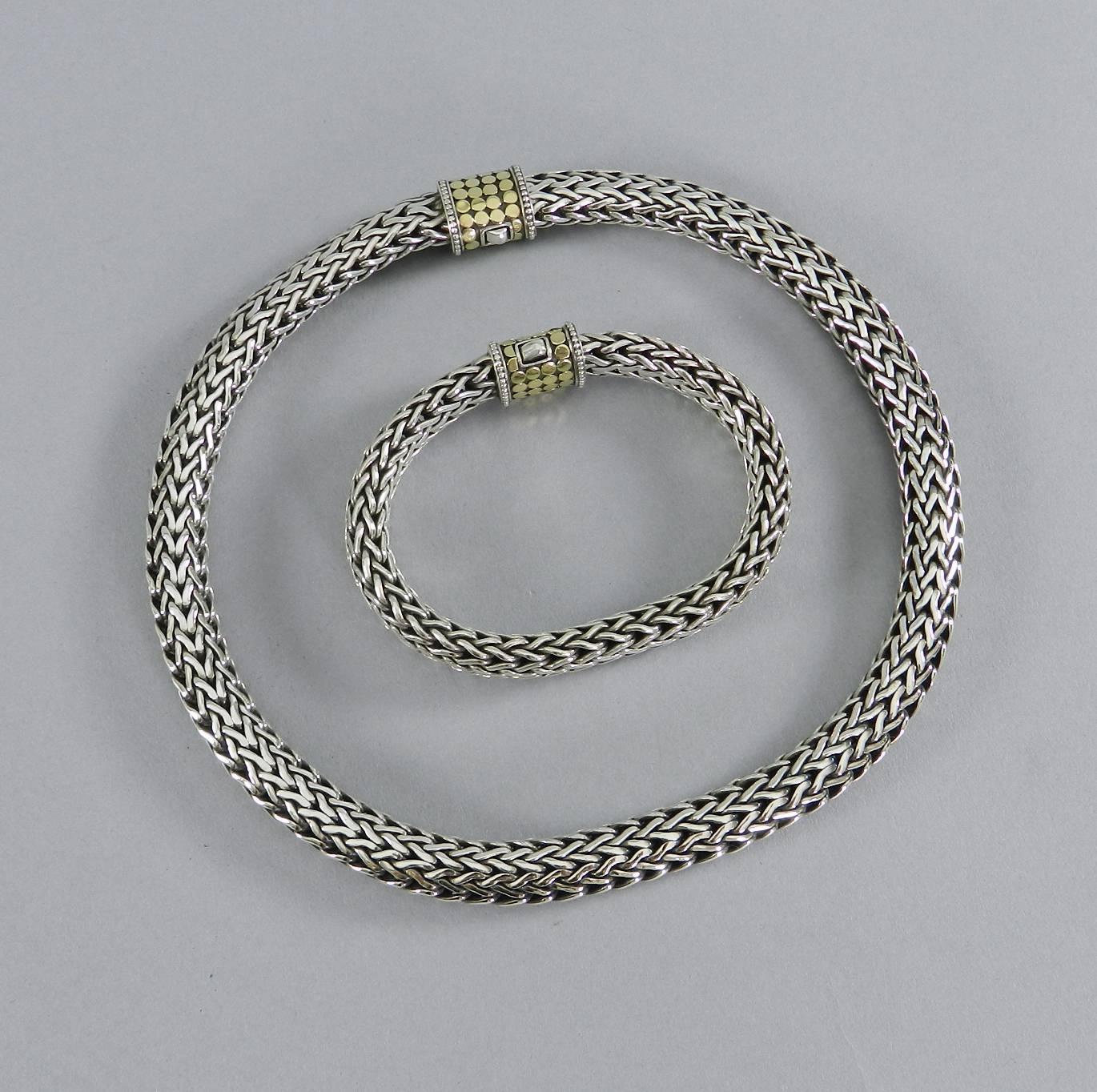 John Hardy sterling silver and 18k yellow gold dots classic woven necklace and bracelet 2pc set. Excellent pre-owned condition. 10.5mm width. Bracelet and necklace can be worn attached to make a longer necklace. Necklace measures 16