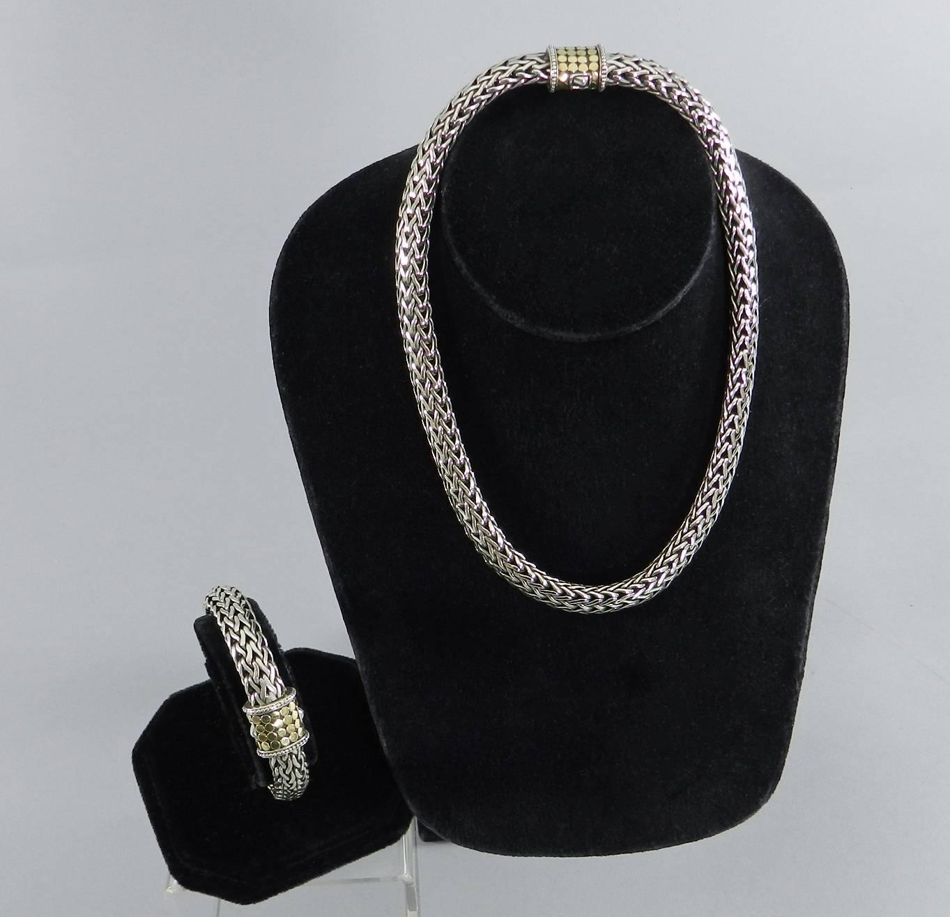 John Hardy Sterling Silver Classic Woven 18k Necklace and Bracelet Set 10.5 mm In Excellent Condition In Toronto, ON