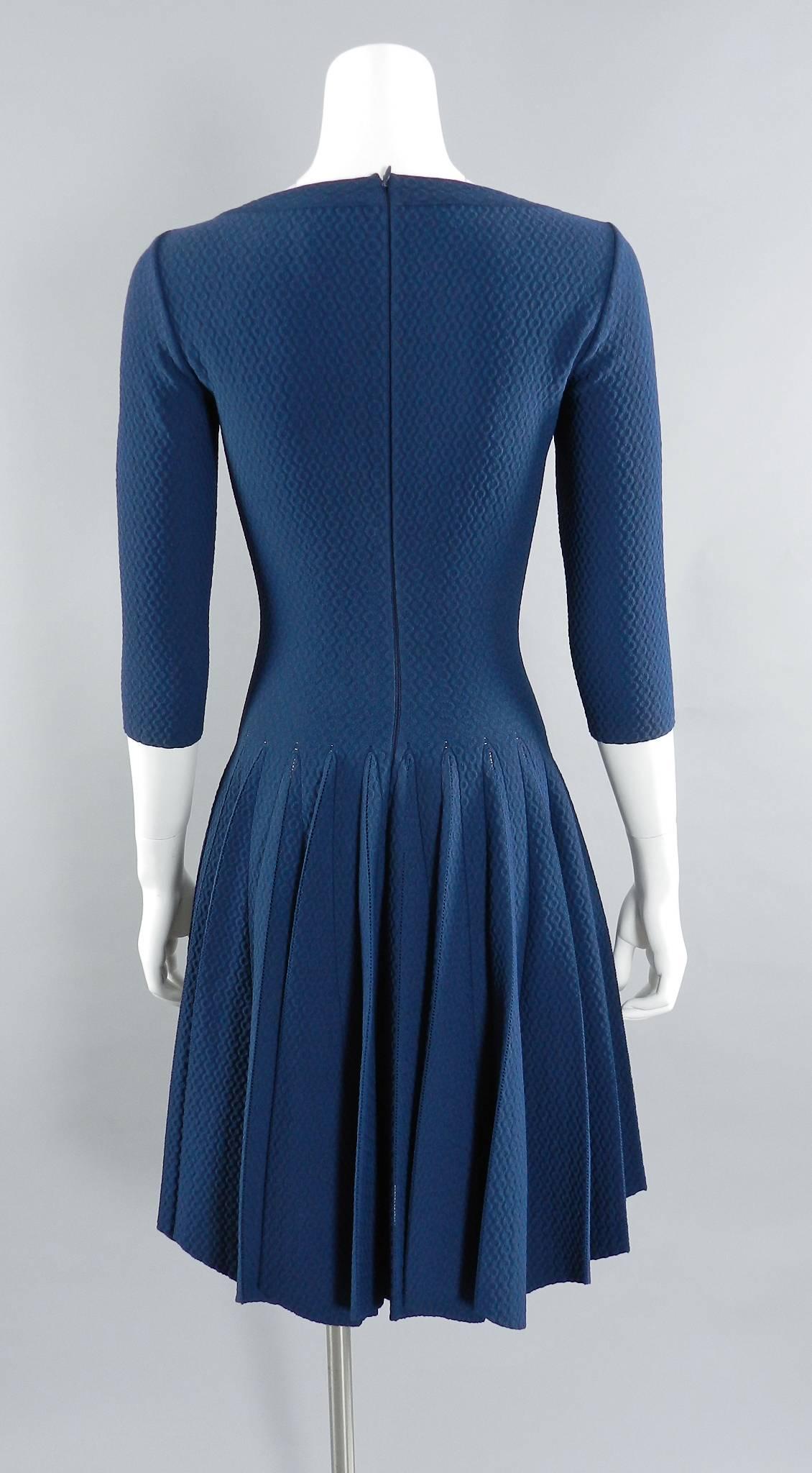 Alaia Prussian Blue Fit and Flare Knit Jersey Dress In New Condition In Toronto, ON