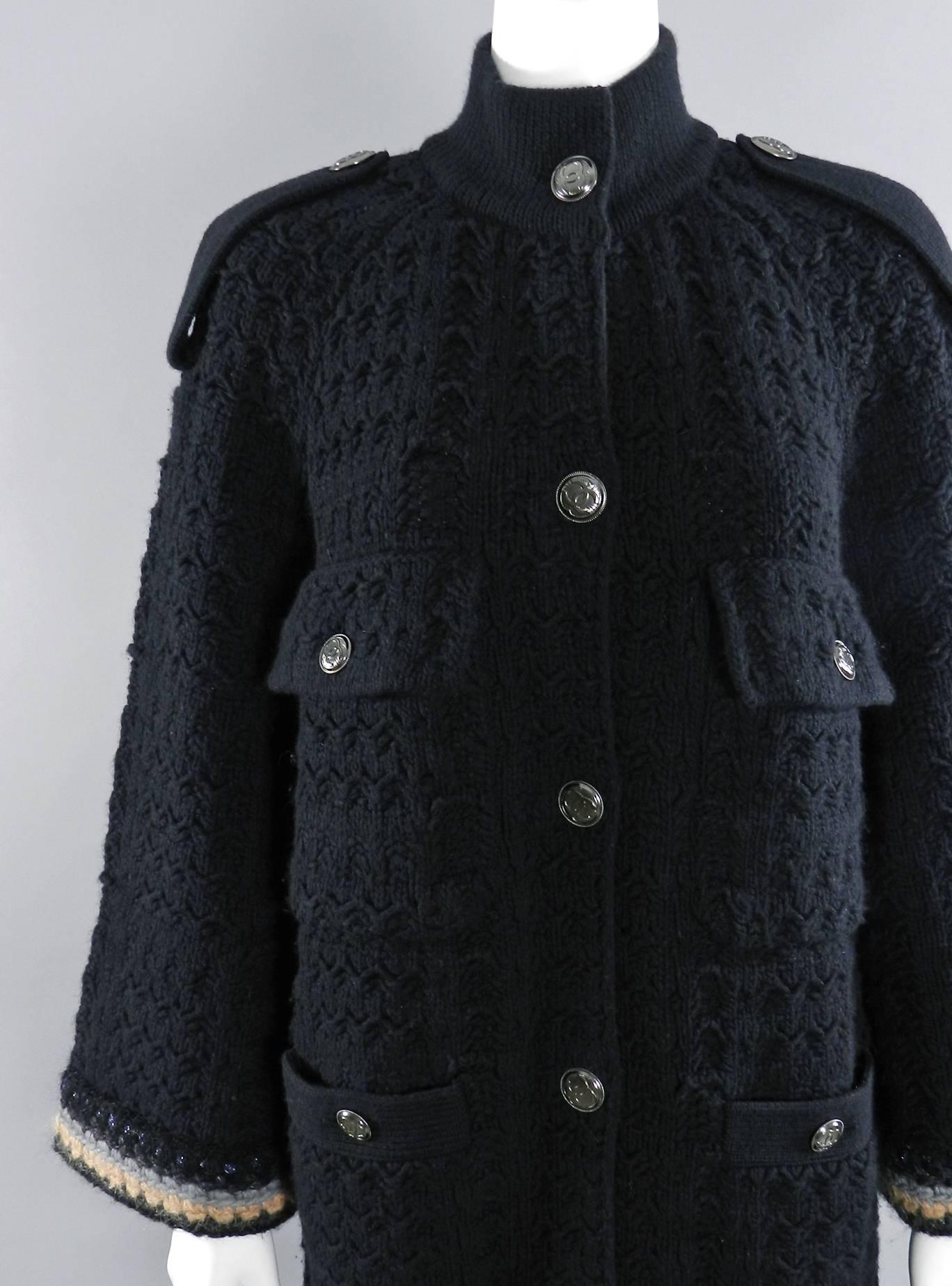 Chanel 13B Black Cashmere Chunky Knit Sweater Coat In Excellent Condition In Toronto, ON