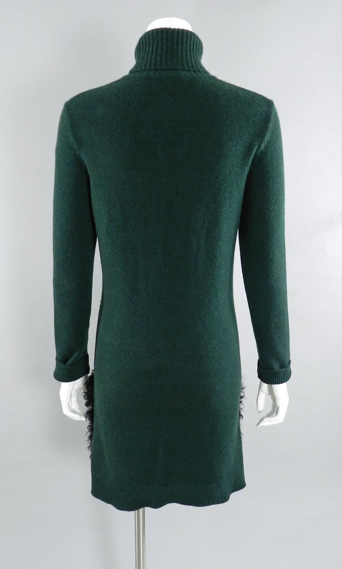Black Louis Vuitton Pre-Fall 2014 Green Cashmere Sweater Dress with Lamb Fur Trim