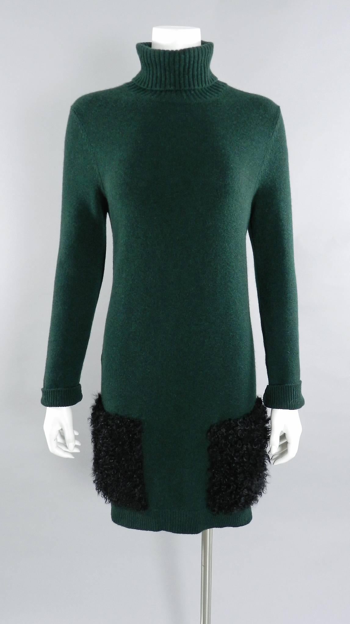 Louis Vuitton Pre-Fall 2014 Green Cashmere Sweater Dress with Lamb Fur Trim 2