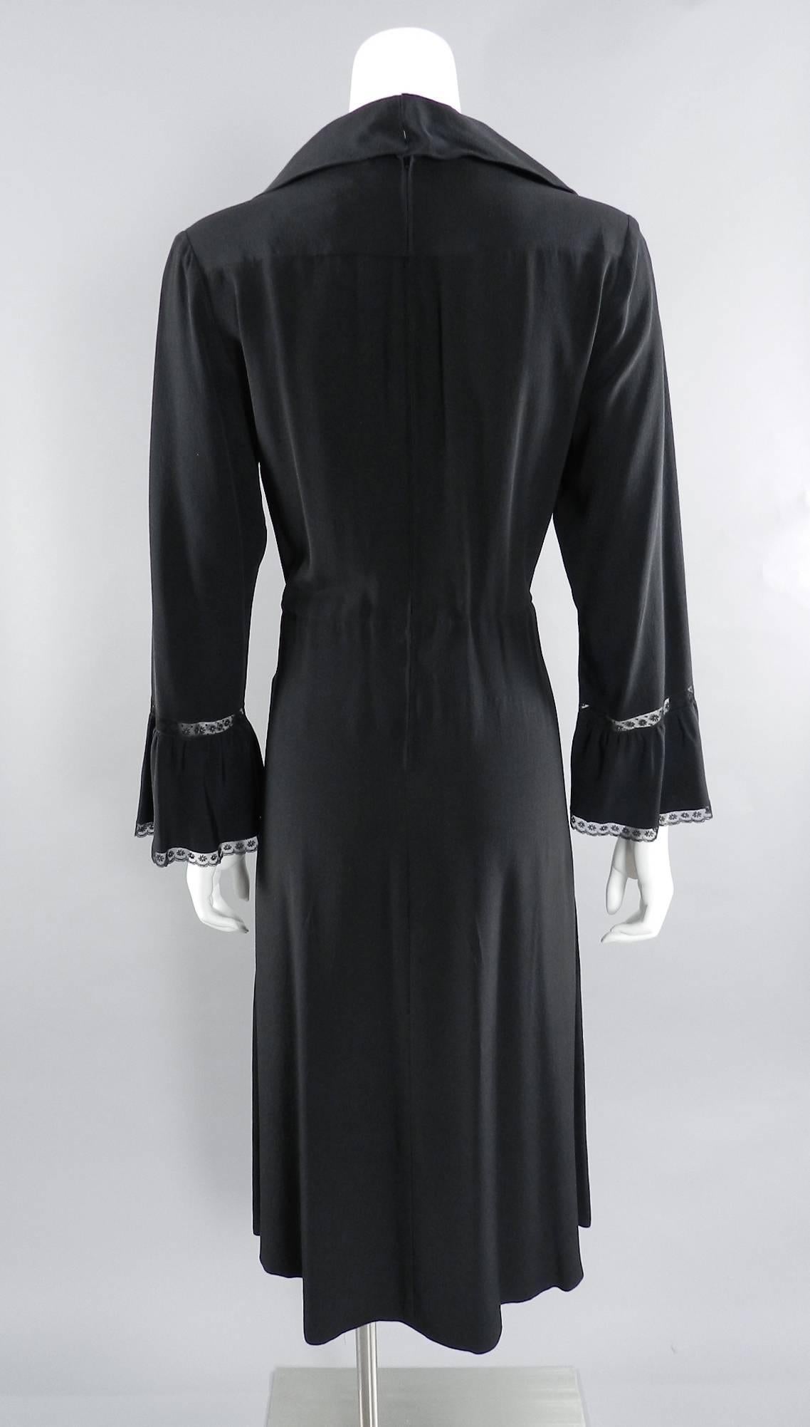 Vintage 1970's Chloe by Karl Lagerfeld Black Silk Ruffle Dress In Excellent Condition In Toronto, ON