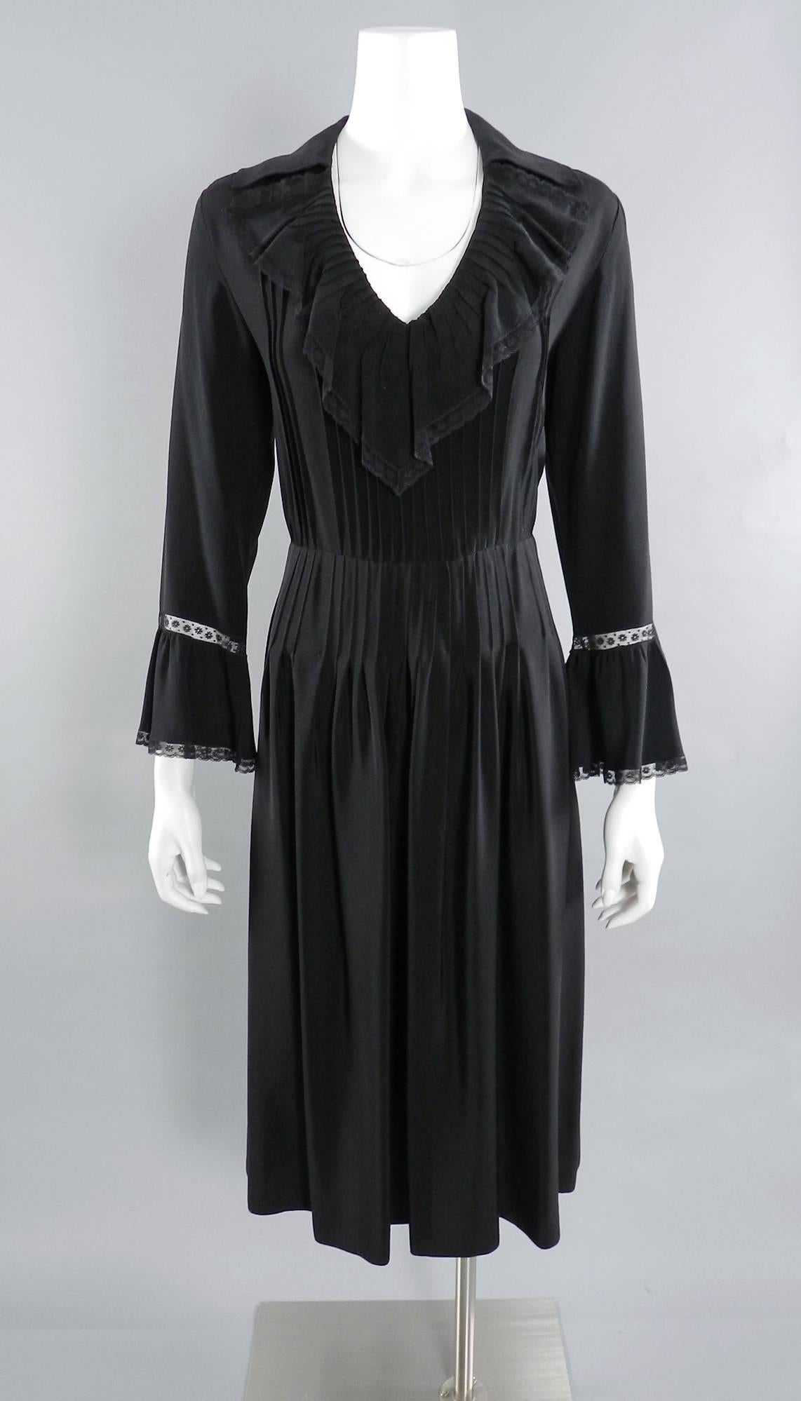 Vintage 1970's Chloe by Karl Lagerfeld Black Silk Ruffle Dress 4