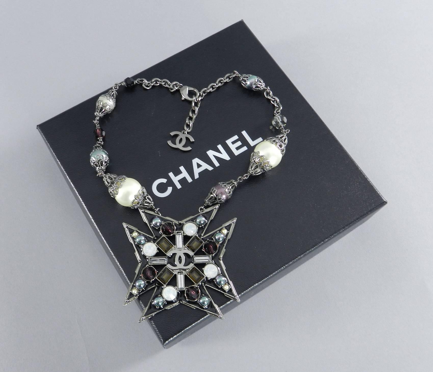 Chanel 05C Maltese Cross Necklace with Pearls In Excellent Condition In Toronto, ON
