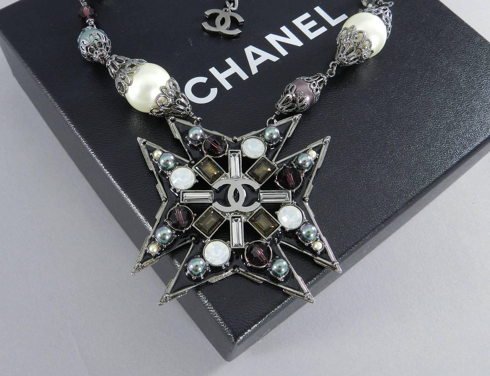 Women's Chanel 05C Maltese Cross Necklace with Pearls