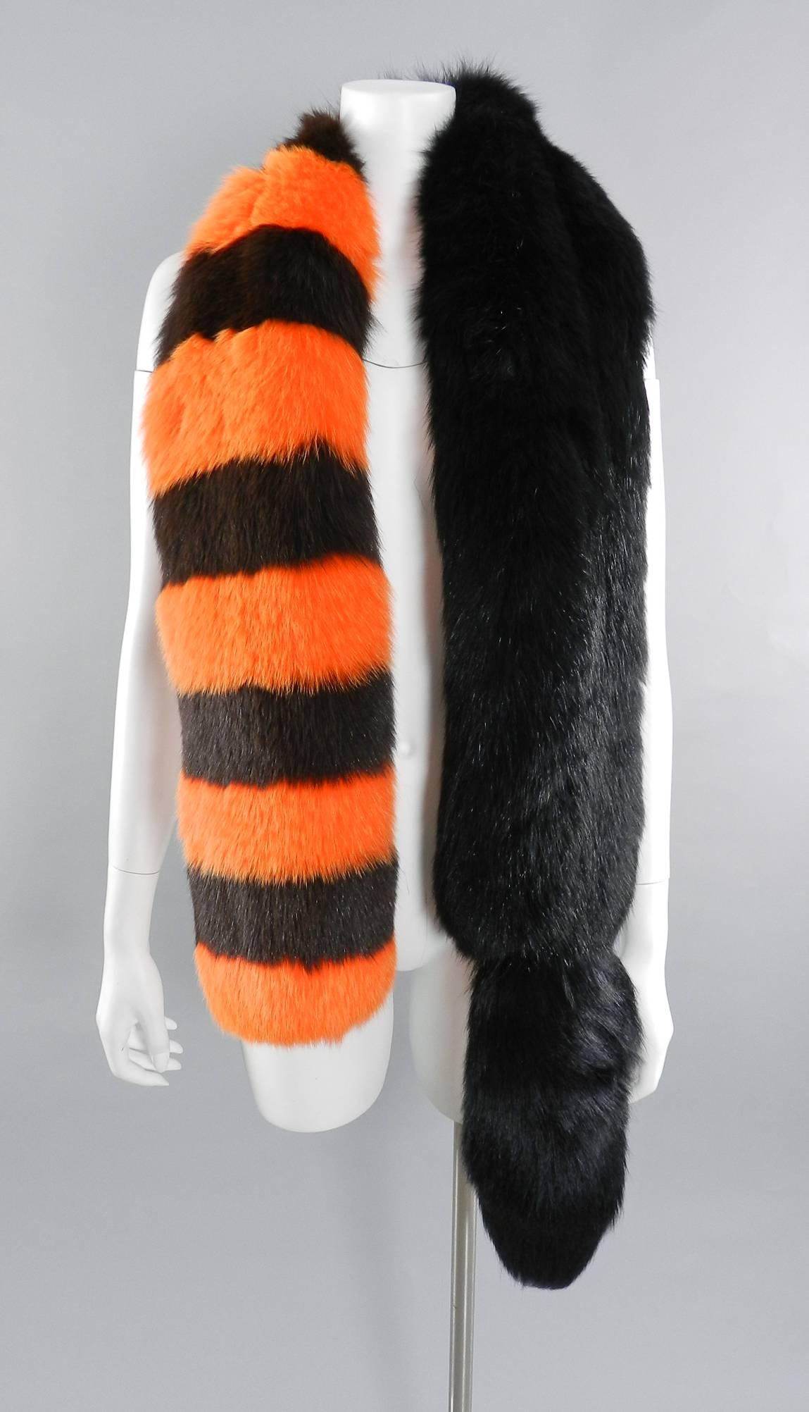Women's Prada Spring 2011 Runway Orange and Black Striped Fox Fur Stole / Scarf