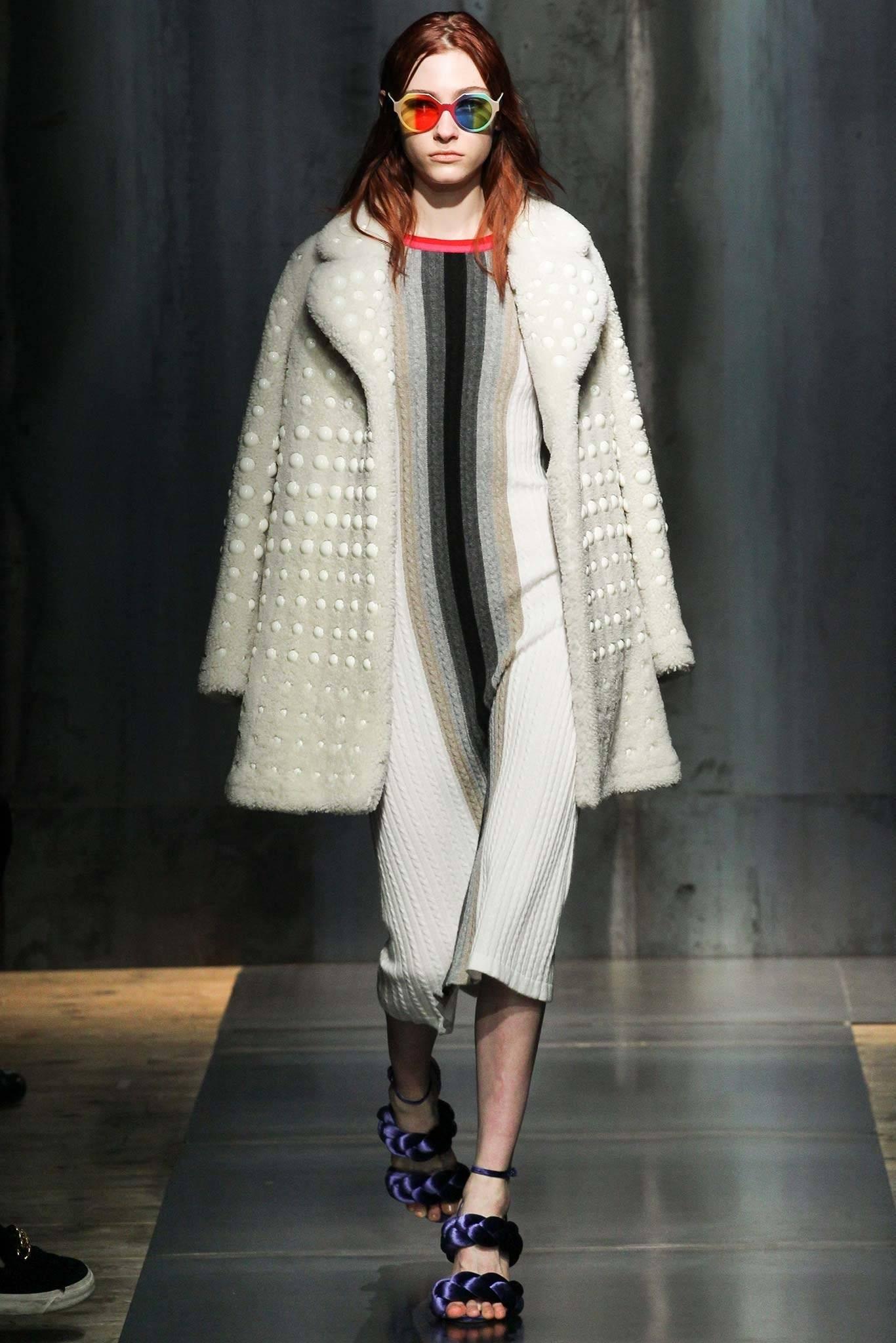 Marco di Vincenzo fall 2015 runway collection ivory shearling coat with plastic 'bubbles'. Original retail price tag included inside pocket $9530+. Tagged size FR 36 (USA 4). Garment measures 38