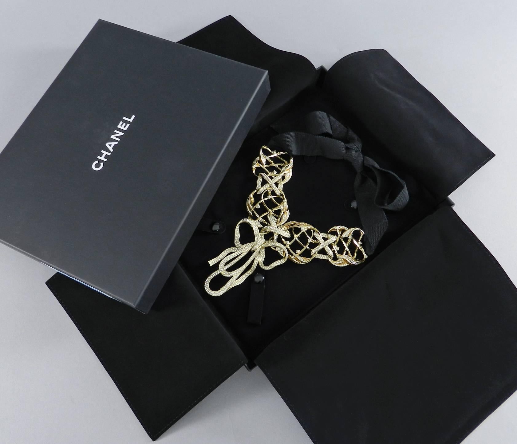 Women's or Men's Chanel 13C Runway Crystal Embellished Bow Necklace with Ribbon Ties