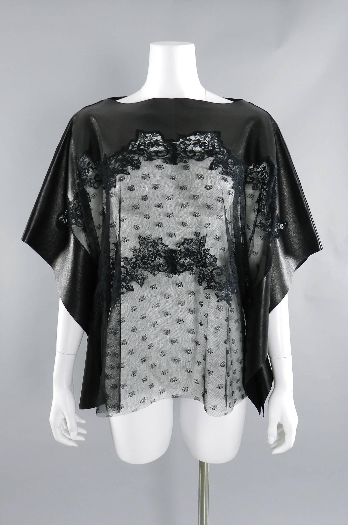 Valentino Black Lambskin Leather and Sheer Lace Caftan Tunic Top.  Excellent pre-owned condition - worn once.  Tagged size USA 4 and can also fit a 6 comfortably.  Measures 25