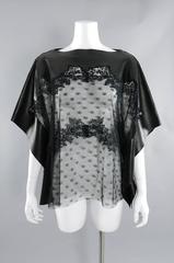 Valentino Black Lambskin Leather and Sheer Lace Caftan Tunic Top