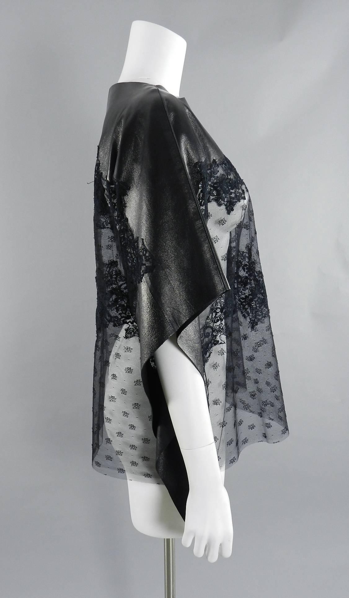 Valentino Black Lambskin Leather and Sheer Lace Caftan Tunic Top In Excellent Condition In Toronto, ON