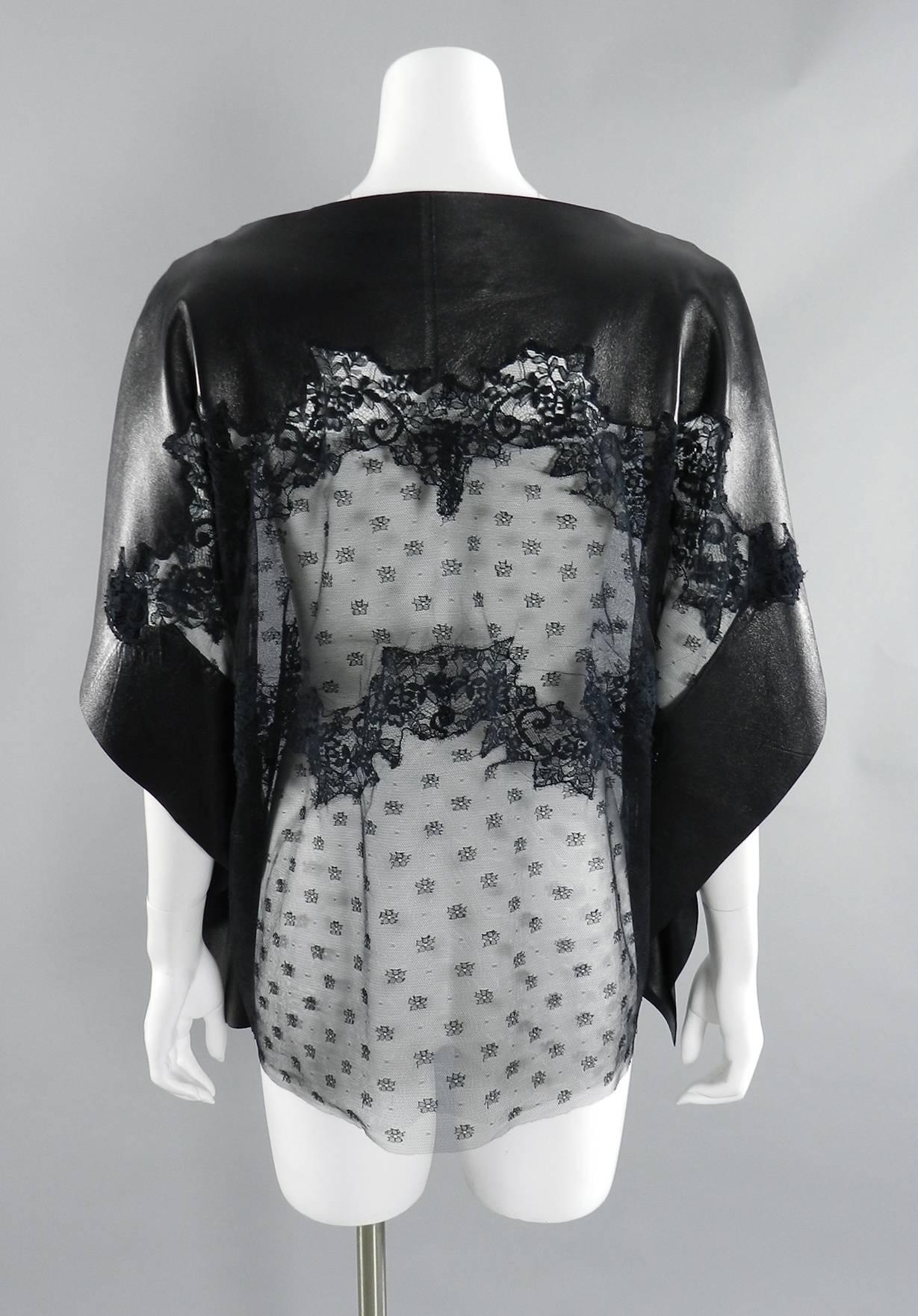 Women's Valentino Black Lambskin Leather and Sheer Lace Caftan Tunic Top