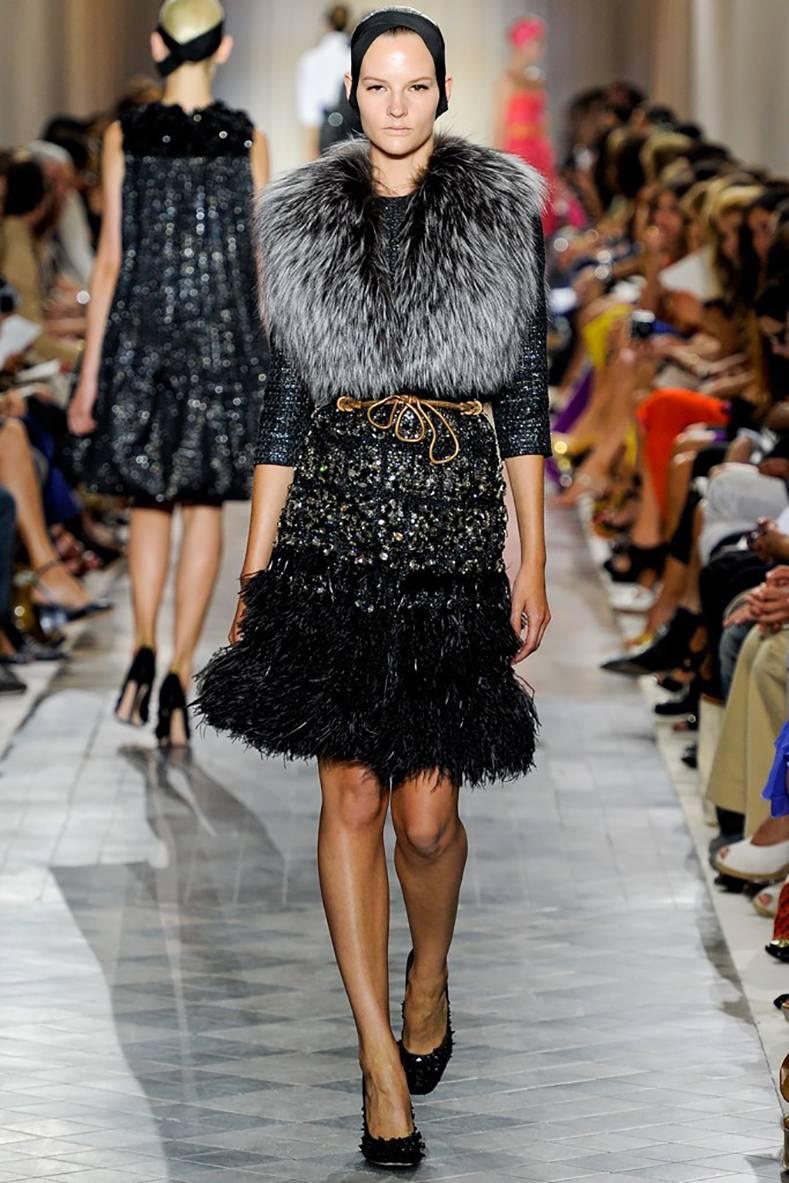 Giambattista Valli Haute Couture 3/4 jacket with ostrich feather trim and crystal and glass beads. Fall 2011 Haute Couture runway collection. Excellent clean condition. Fastens with snaps down front. To fit 34-35
