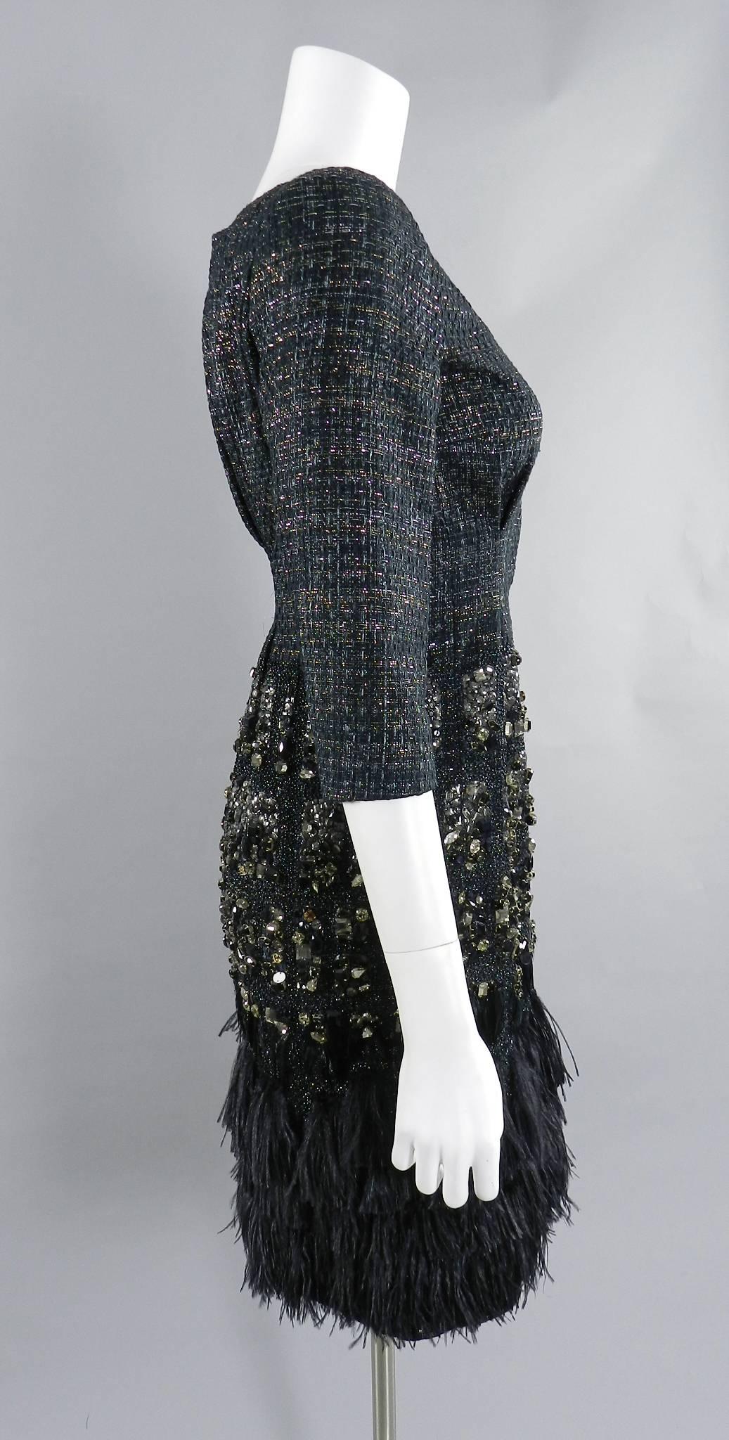 Black Giambattista Valli Haute Couture Crystal Beaded Feather Trim Jacket